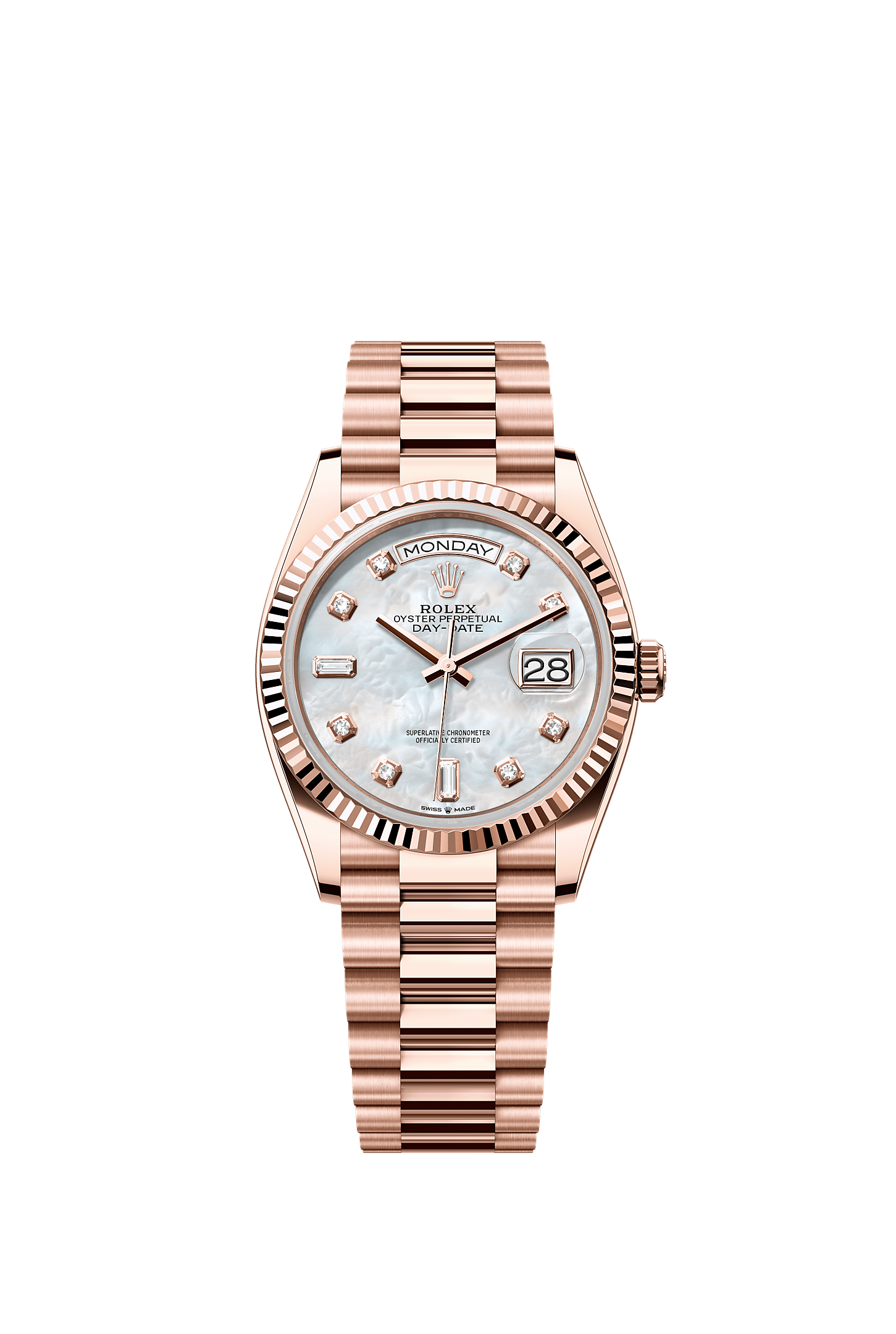 Day-Date 36, Oyster, 36 mm, Everose gold, Dial : White mother-of-pearl set with diamonds, Rolex