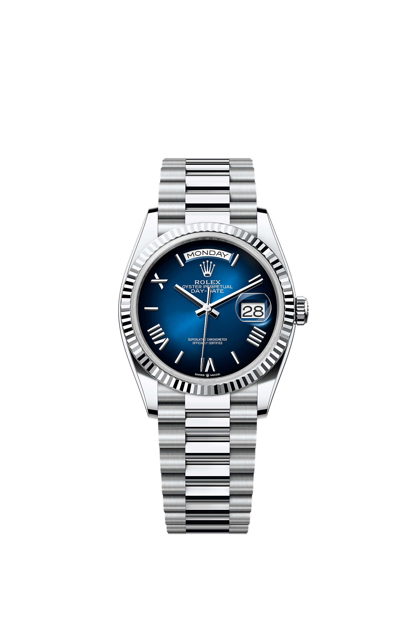 Day-Date 36, Oyster, 36 mm, platina, Wijzerplaat : Schaduwblauw, Rolex