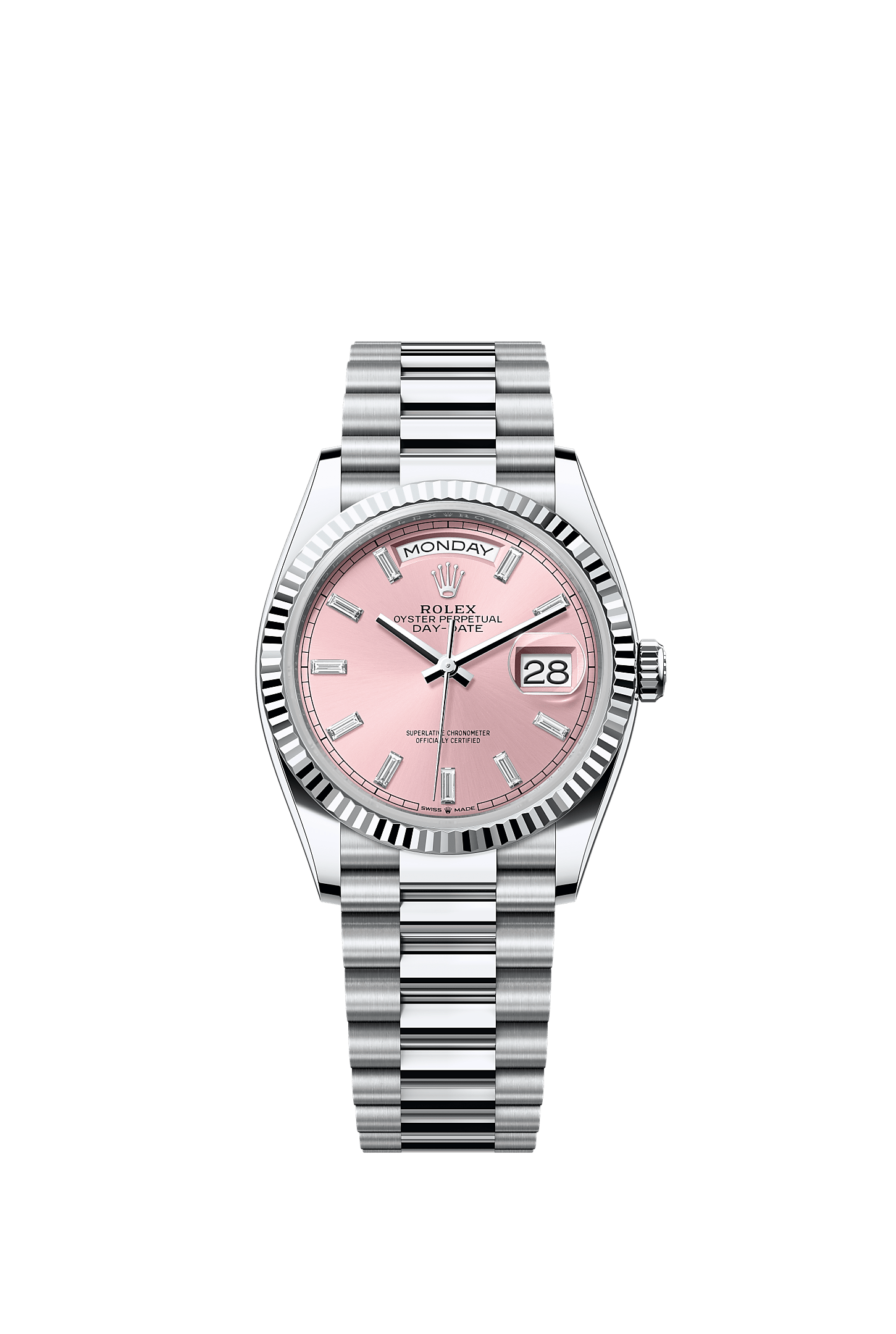 Day-Date 36, Oyster, 36 mm, platina, Wijzerplaat : Roze, bezet met diamanten, Rolex