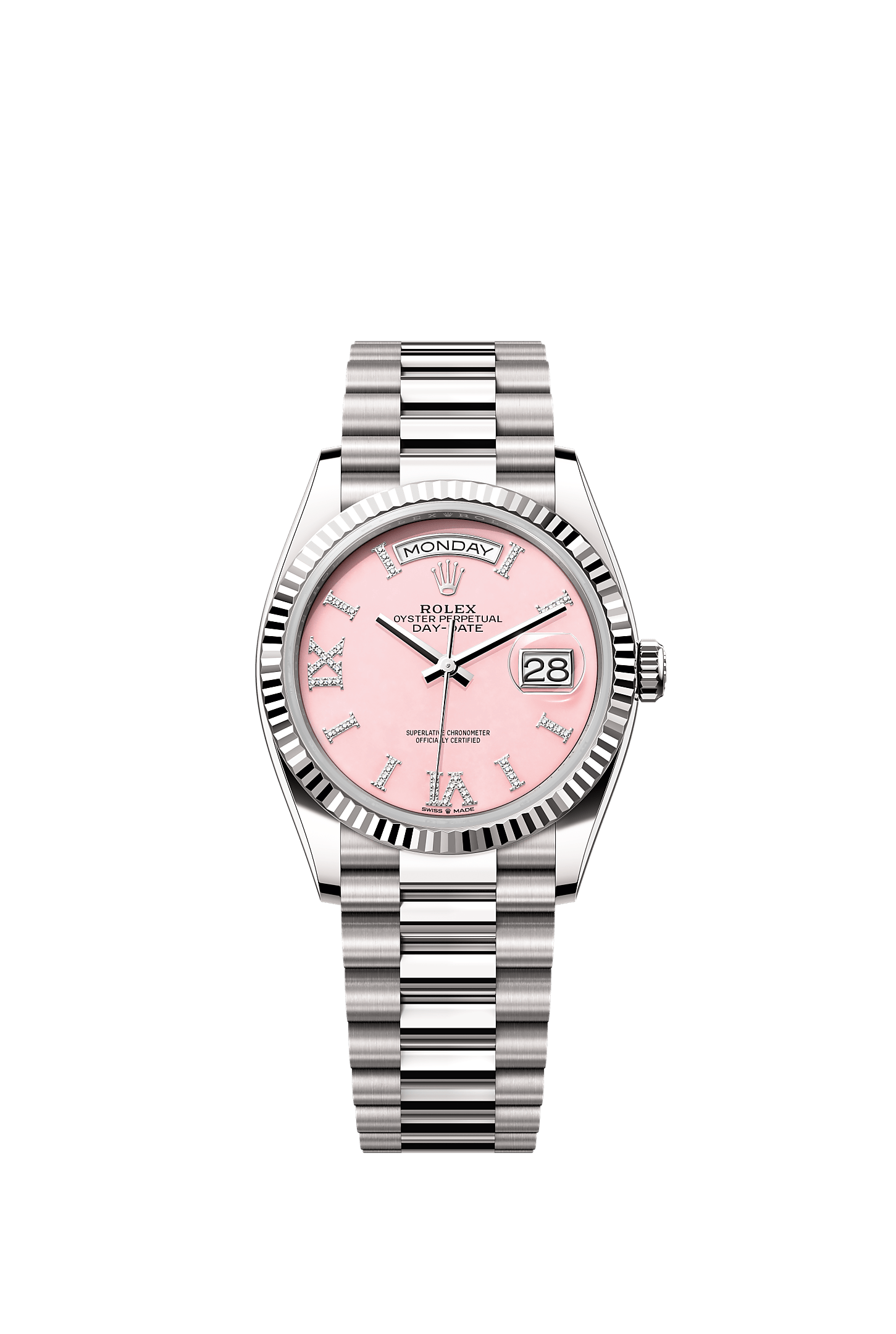 Day-Date 36, Oyster, 36 mm, white gold, Dial : Pink opal set with diamonds, Rolex