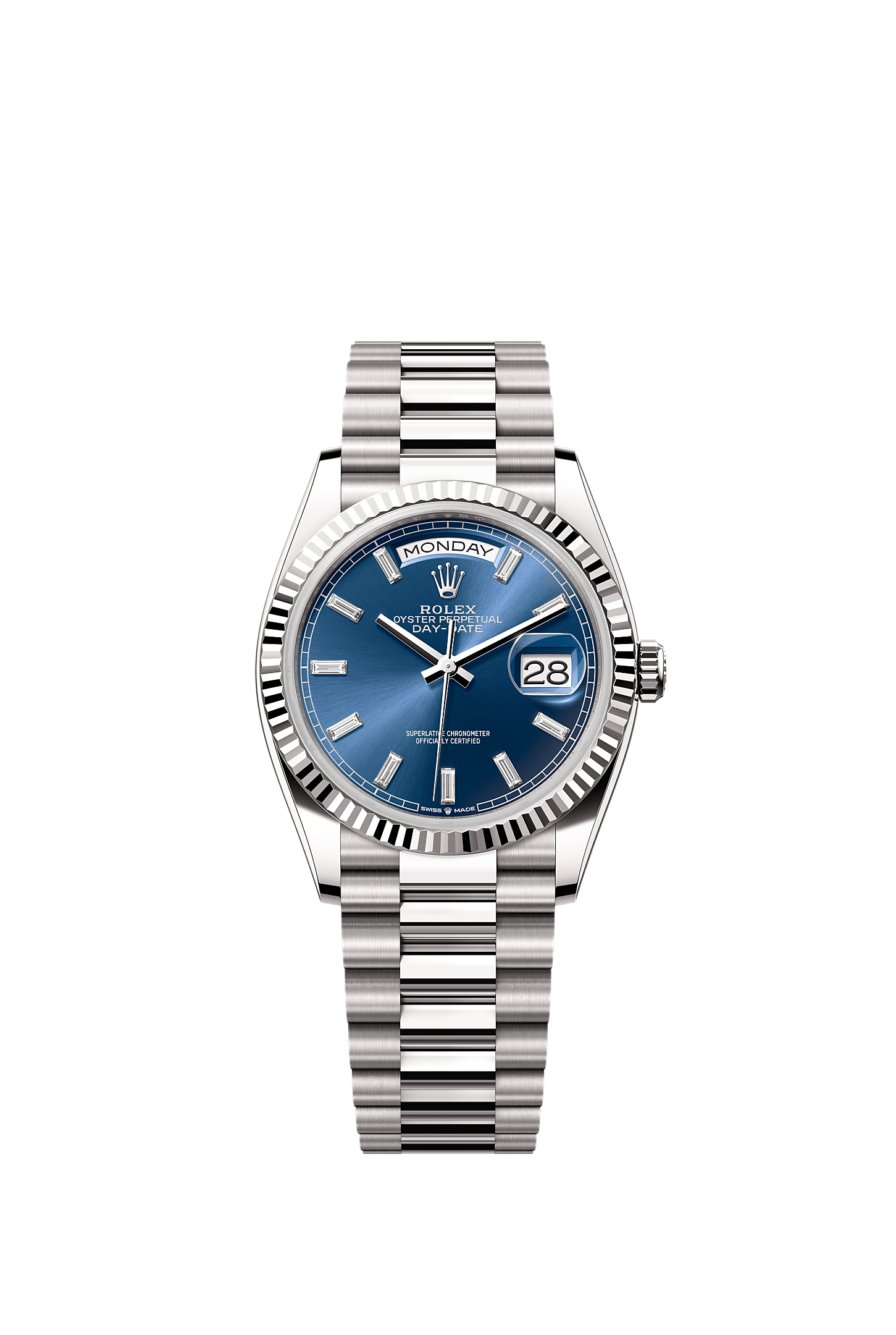 Day-Date 36, Oyster, 36 mm, white gold, Dial : Bright blue set with diamonds, Rolex