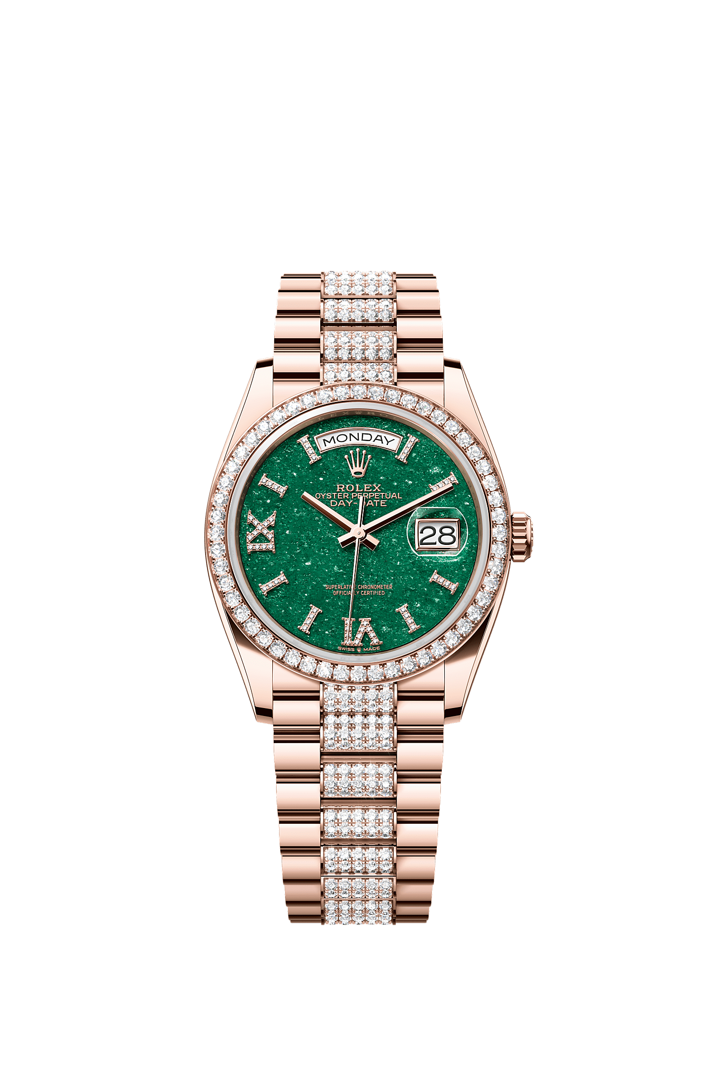 데이-데이트 36, 오이스터, 36mm, 에버로즈 골드와 다이아몬드, 다이얼 : 다이아몬드가 세팅된 그린 어벤추린, Rolex