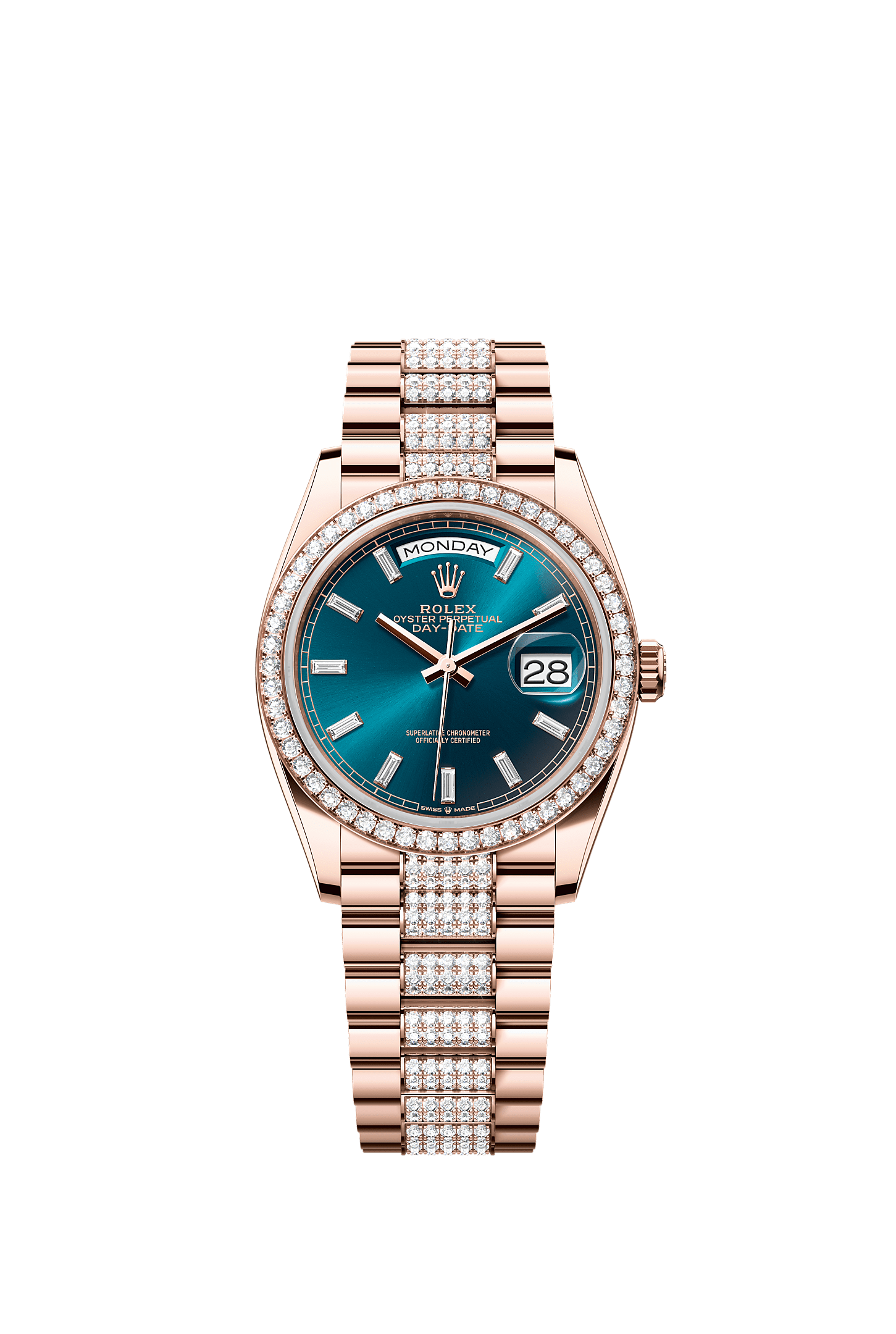 Day-Date 36, Oyster, 36 mm, Everose gold and diamonds, Dial : Blue-green set with diamonds, Rolex