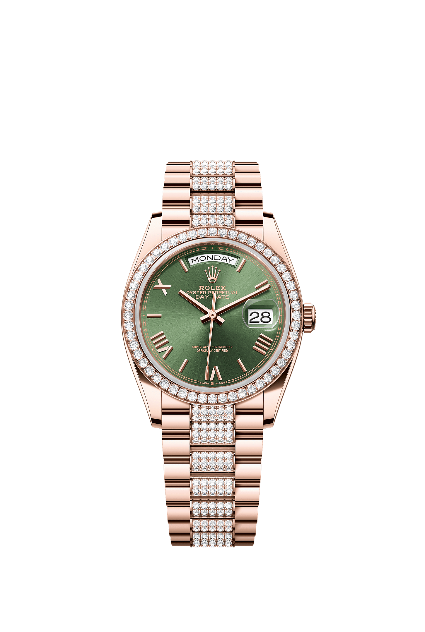 Day-Date 36, Oyster, 36 mm, Everose gold and diamonds, Dial : Olive green, Rolex