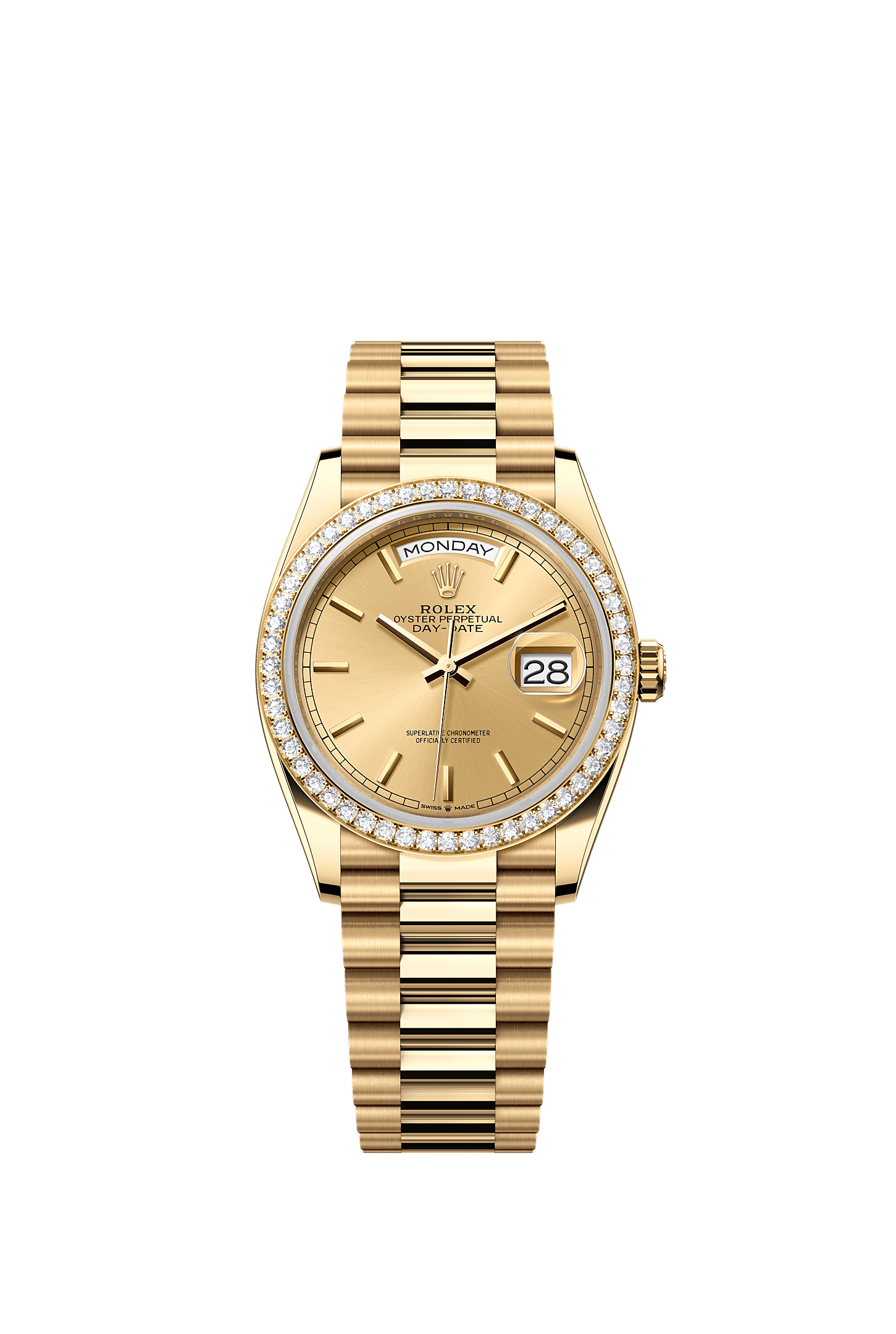 Day-Date 36, Oyster, 36 mm, or jaune et diamants, Cadran : Couleur champagne, Rolex