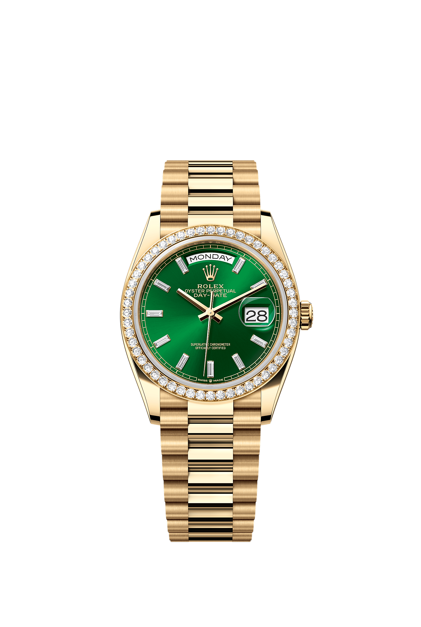 Day-Date 36, Oyster, 36 mm, yellow gold and diamonds, Dial : Bright green set with diamonds, Rolex