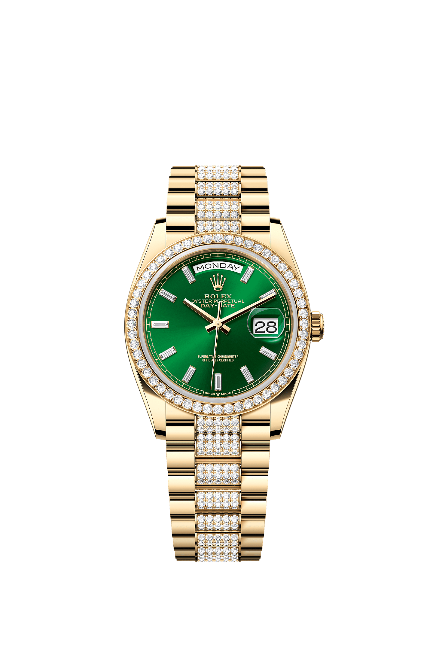 Day-Date 36, Oyster, 36 mm, żółte złoto i brylanty, Tarcza : Jaskrawozielona wysadzana brylantami, Rolex