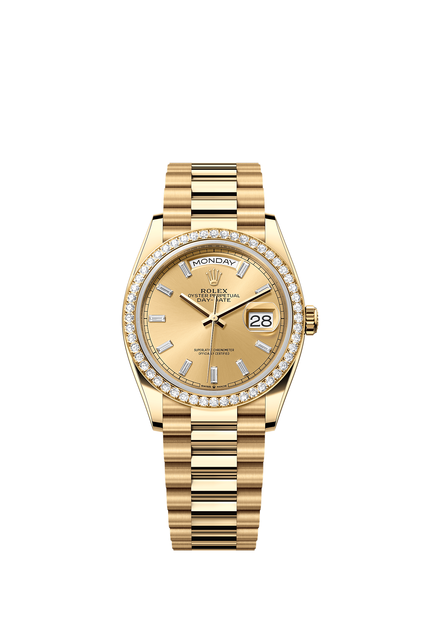 Day-Date 36, Oyster, 36 mm, geelgoud en diamanten, Wijzerplaat : Champagnekleurig, bezet met diamanten, Rolex