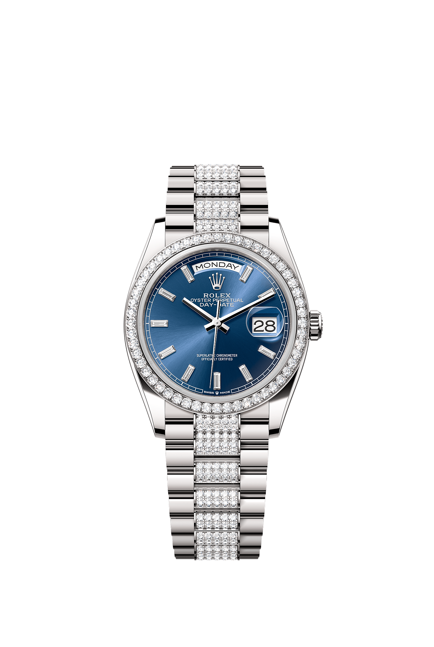 Day-Date 36, Oyster, 36 mm, ouro branco e diamantes, Mostrador : Azul vivo, cravejado de diamantes, Rolex