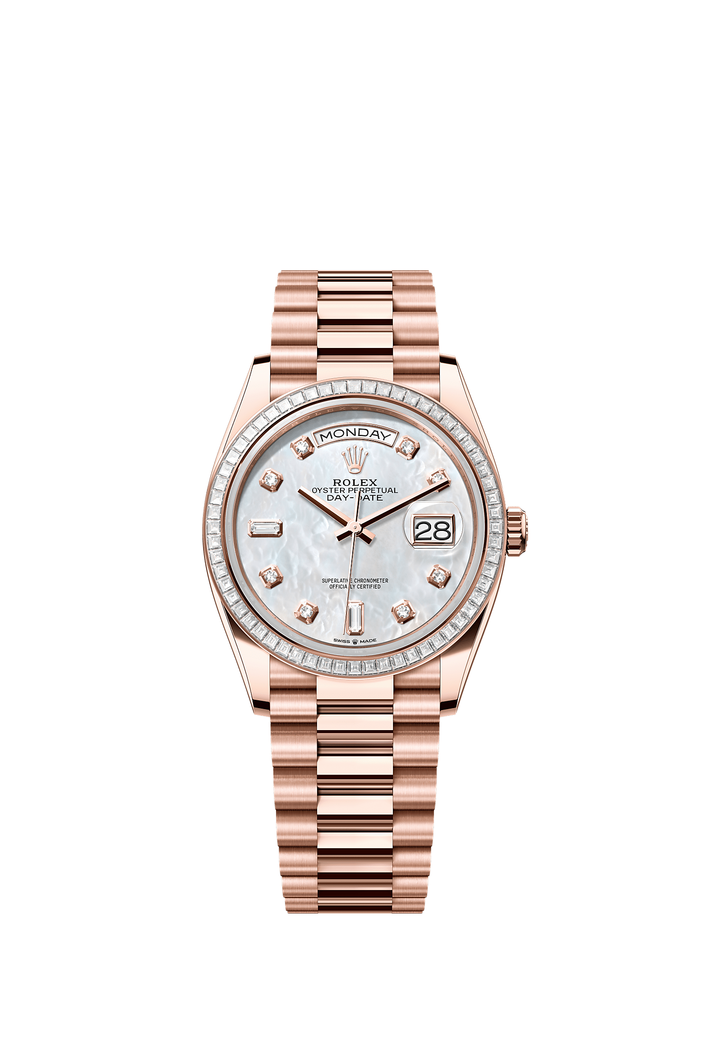 Day-Date 36, Oyster, 36 mm, Everose altın ve pırlanta, Kadran : Pırlantalı beyaz sedef, Rolex