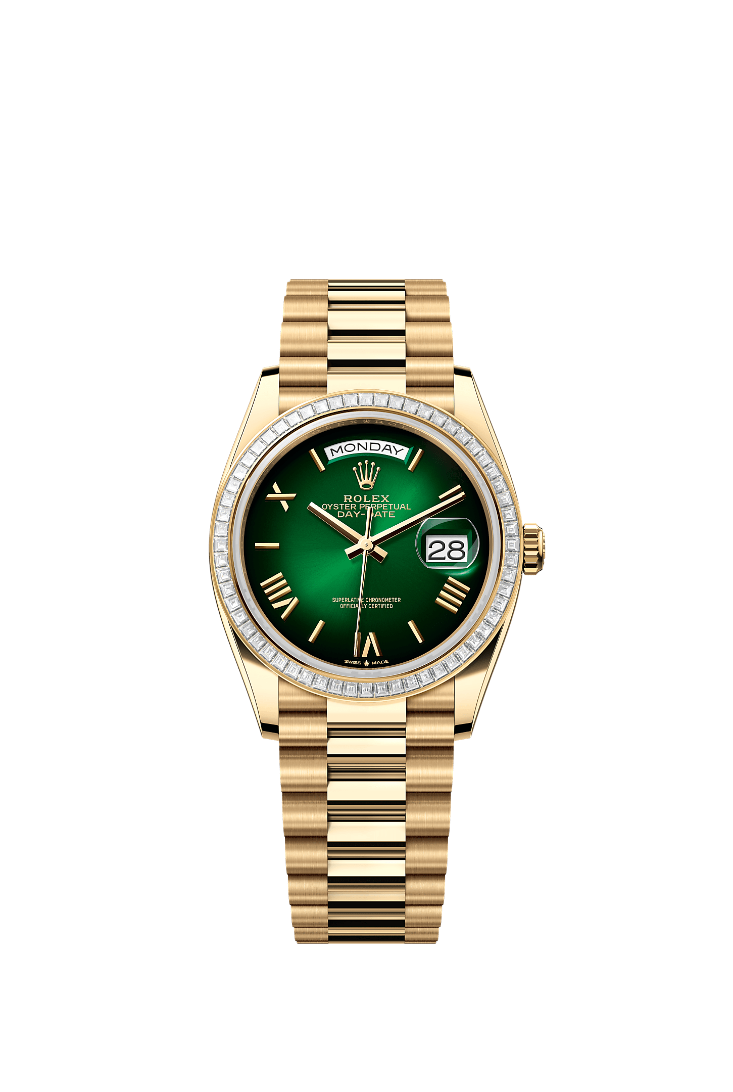 Day-Date 36, Oyster, 36 mm, emas kuning dan berlian, Permukaan : Ombre hijau, Rolex
