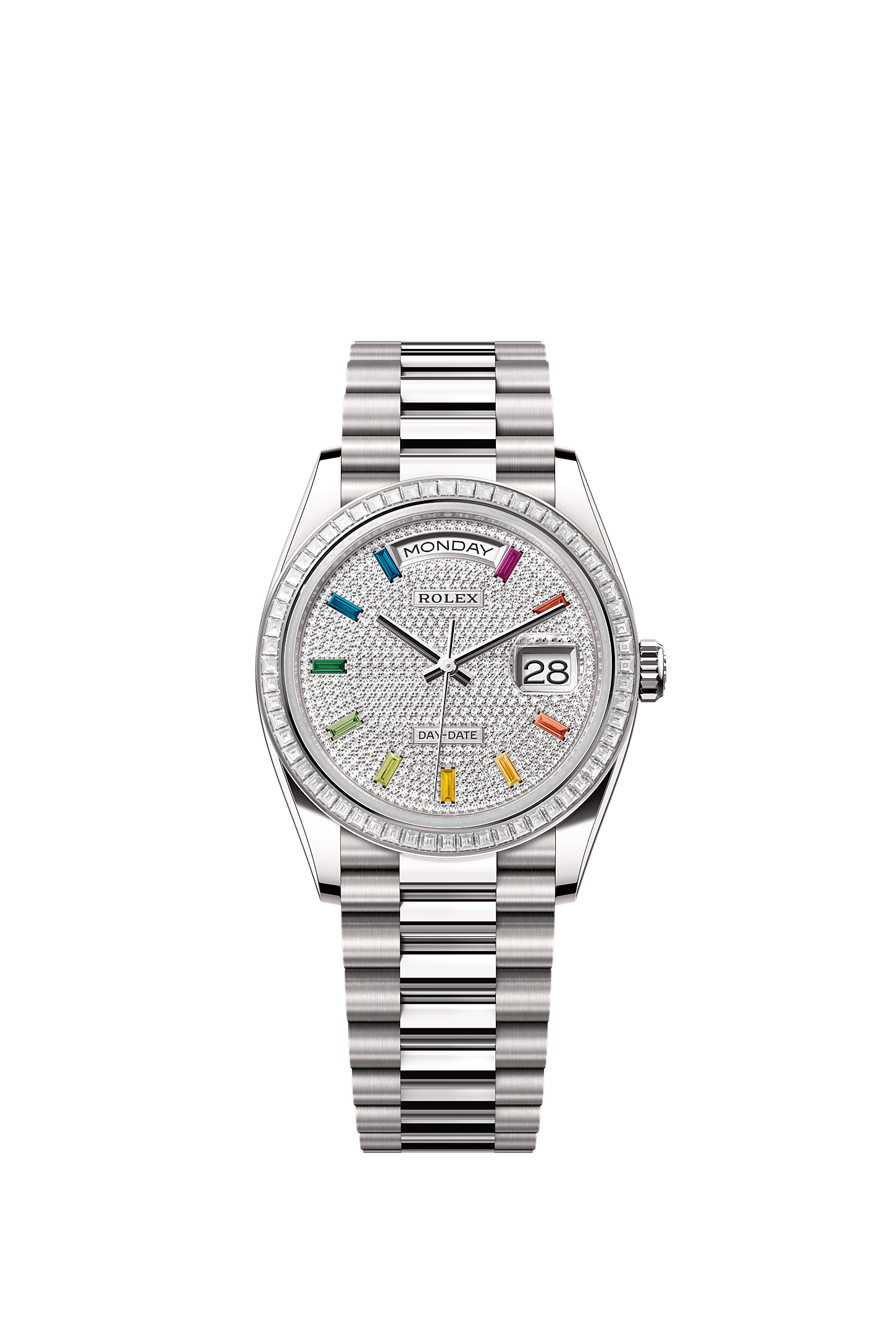 Day-Date 36, Oyster, 36 mm, emas putih dan berlian, Permukaan : Berturap berlian, Rolex
