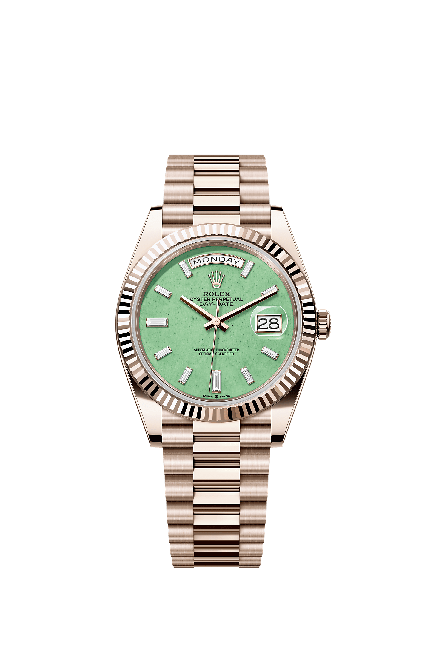 星期日历型 40, 蚝式，40毫米，纪念型金, 表盘 : 亮绿东陵石, Rolex