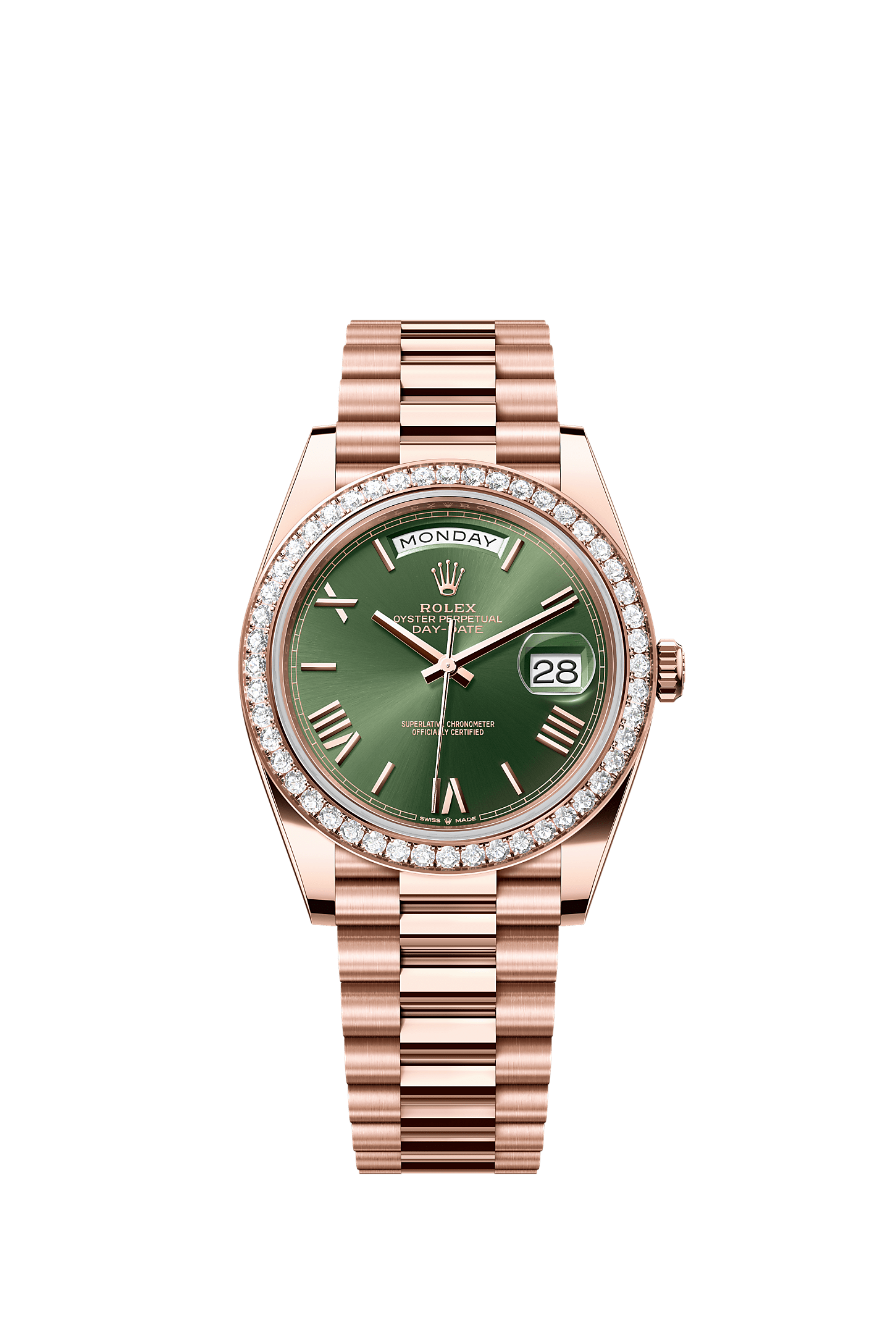 Day-Date 40, Oyster, 40 mm, vàng Everose và kim cương, Mặt đồng hồ : Oliu xanh, Rolex
