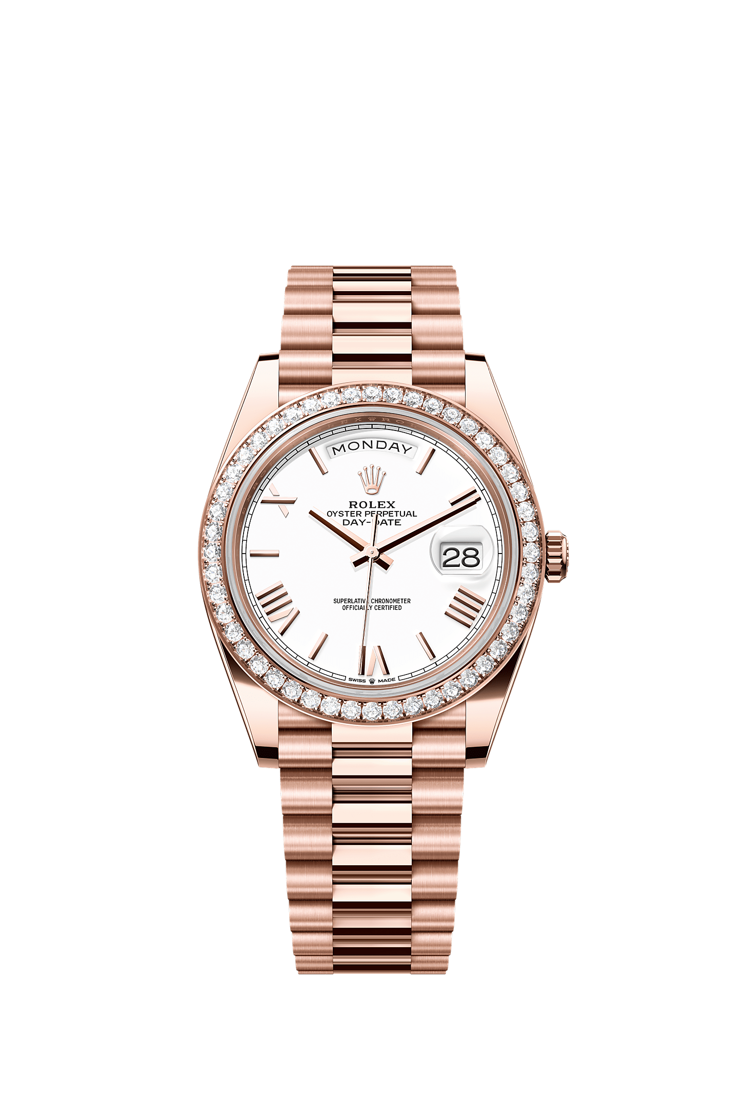 Day-Date 40, Oyster, 40 мм, золото Everose и бриллианты, Циферблат : Белый, Rolex