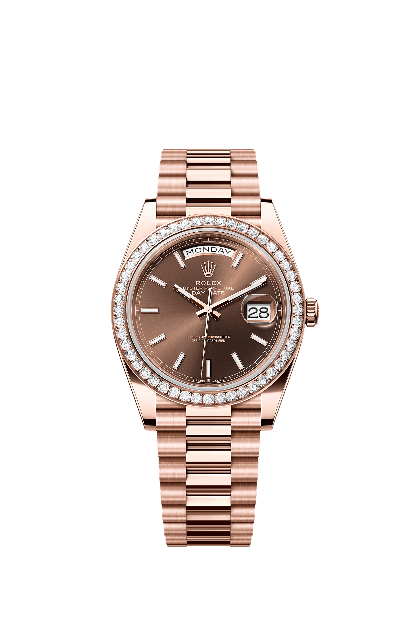 Day-Date 40, Oyster, 40 mm, ouro Everose e diamantes, Mostrador : Chocolate, Rolex