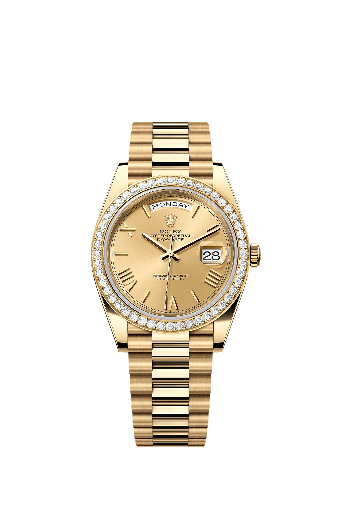 Day-Date 40, Oyster, 40 mm, or jaune et diamants, Cadran : Couleur champagne, Rolex