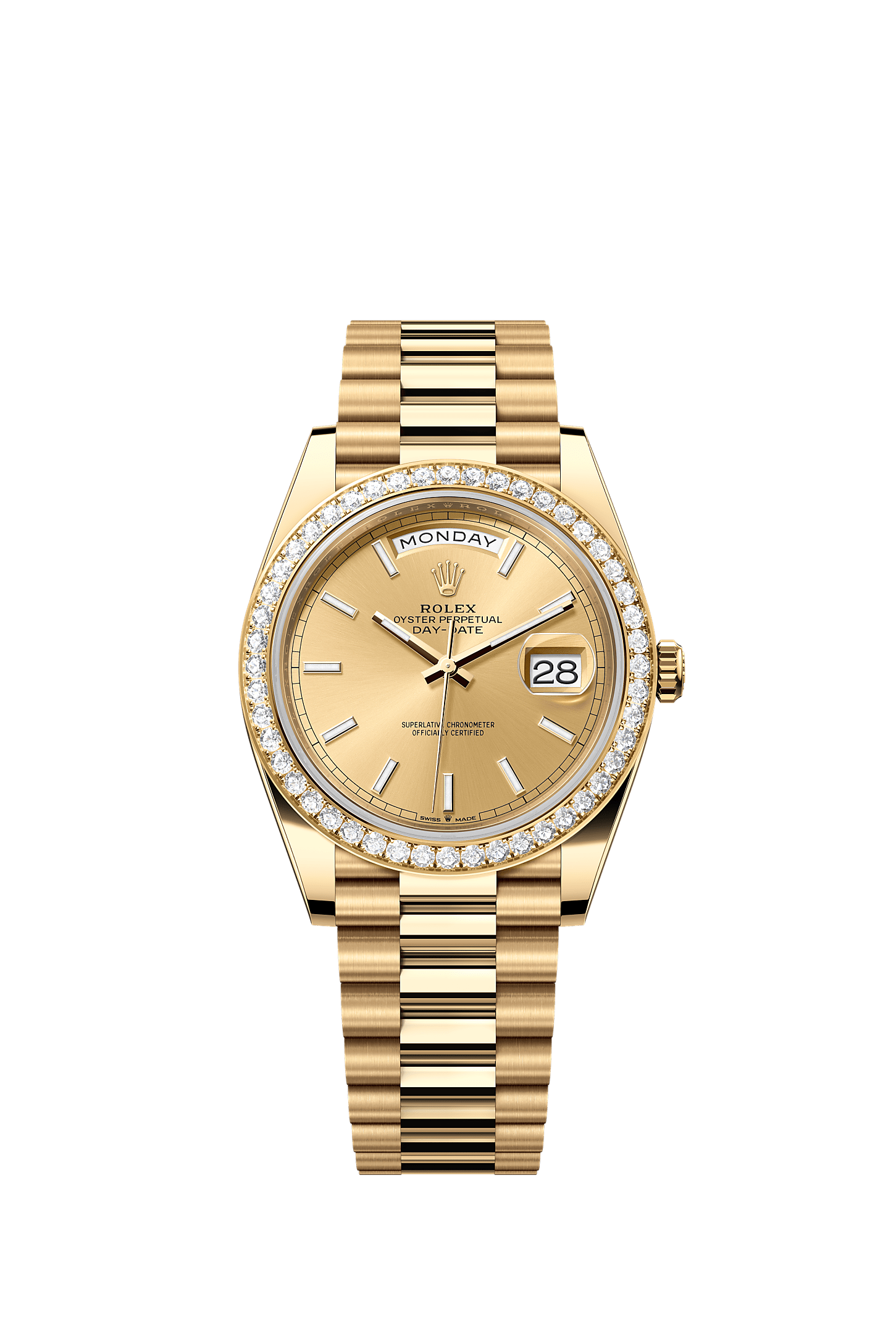 Day-Date 40, Oyster, 40 mm, geelgoud en diamanten, Wijzerplaat : Champagnekleurig, Rolex