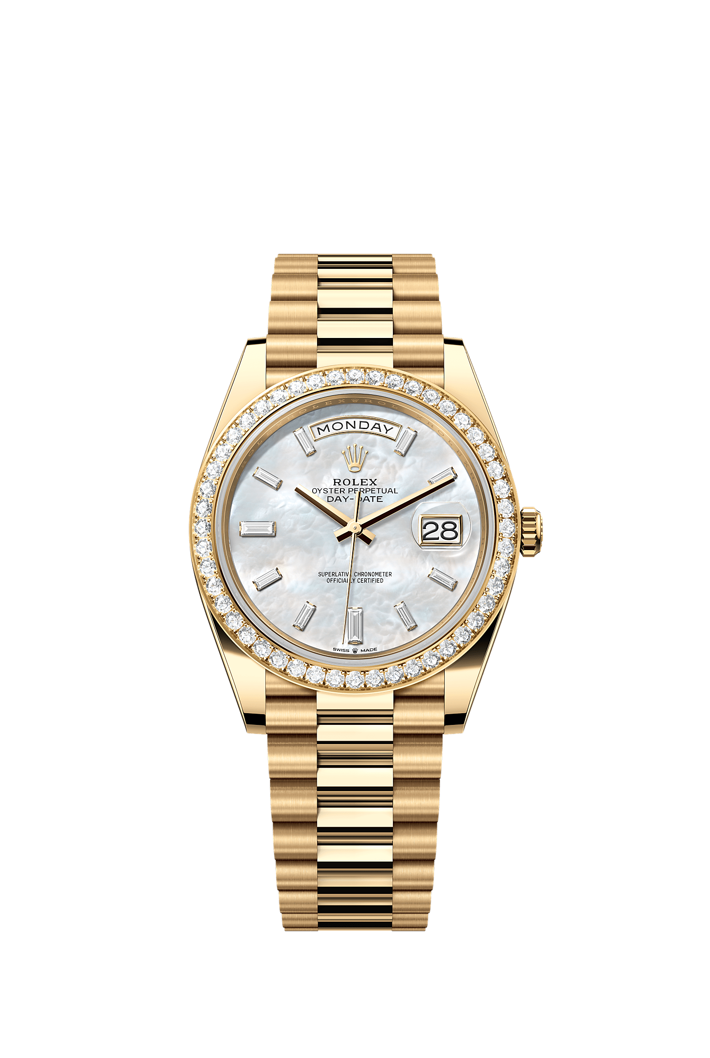 Day-Date 40, Oyster, 40 mm, yellow gold and diamonds, Dial : White mother-of-pearl set with diamonds, Rolex