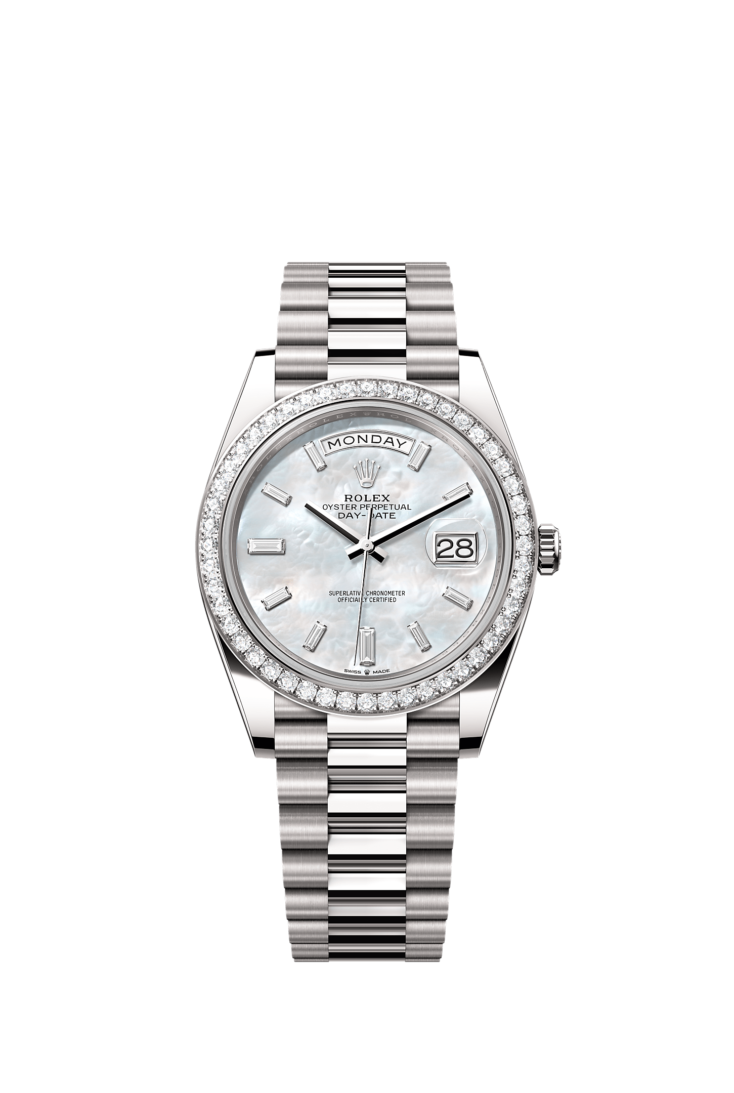 Day-Date 40, 蠔式，40毫米，鑽石及白色黃金, 錶面 : 白色珍珠母，鑲鑽石, Rolex