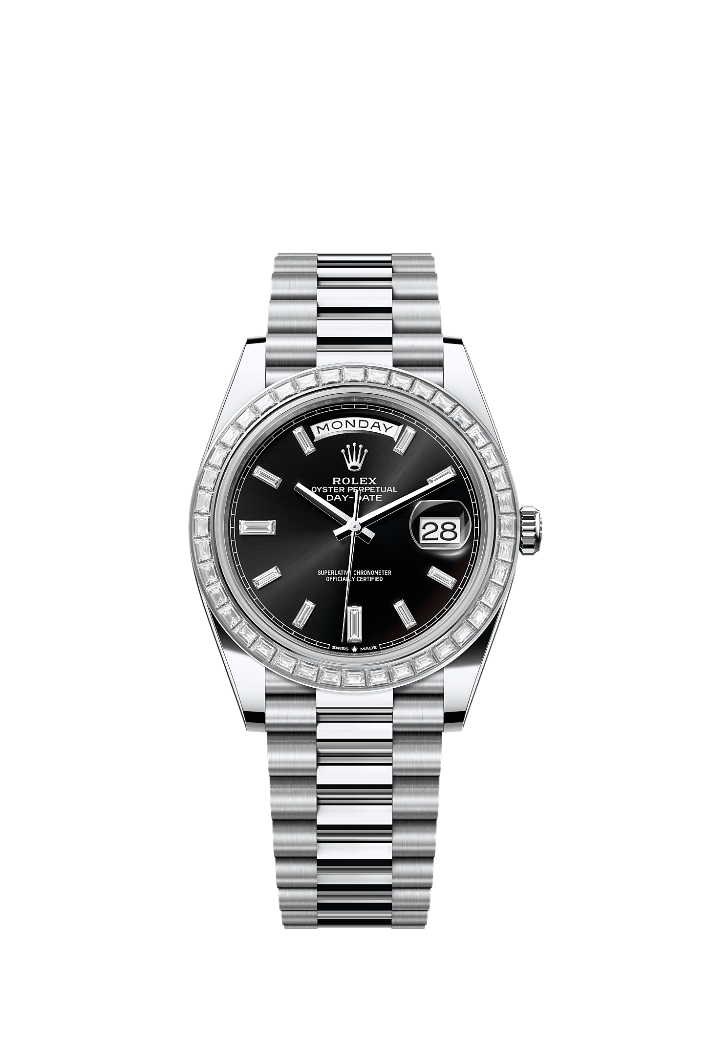 Day-Date 40, Oyster, 40 mm, platina e diamantes, Mostrador : Preto vivo cravejado de diamantes, Rolex