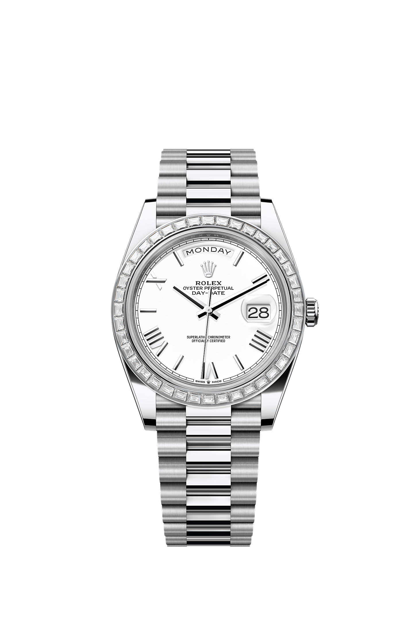 Day-Date 40, Oyster, 40 mm, platin ve pırlanta, Kadran : Beyaz, Rolex