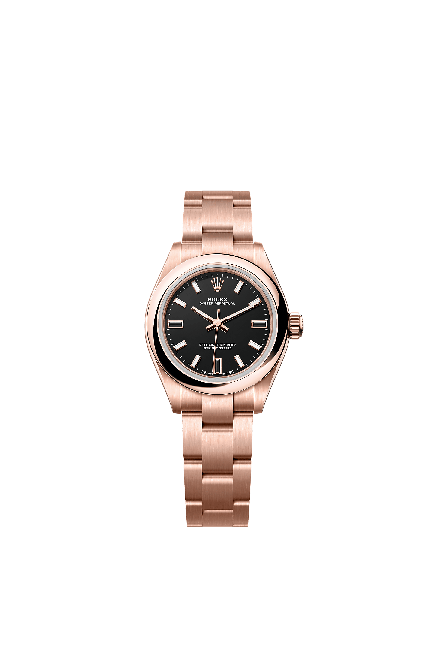 Oyster Perpetual 28, Oyster, 28 mm, Everose gold, Dial : Black, Rolex