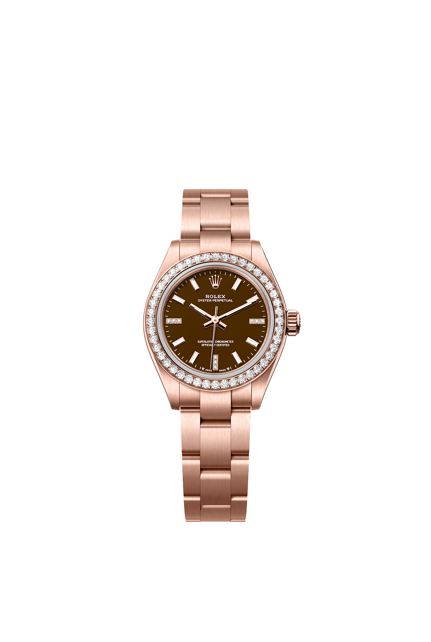 Oyster Perpetual 28, Oyster, 28 mm, oro Everose e diamanti, Quadrante : <i>Brown stone</i> con diamanti, Rolex