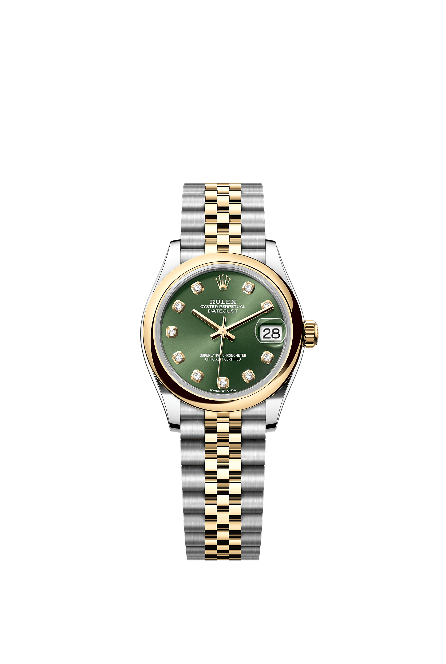 Datejust 31, Oyster, 31 mm, aço Oystersteel e ouro amarelo, Mostrador : Verde-oliva cravejado de diamantes, Rolex