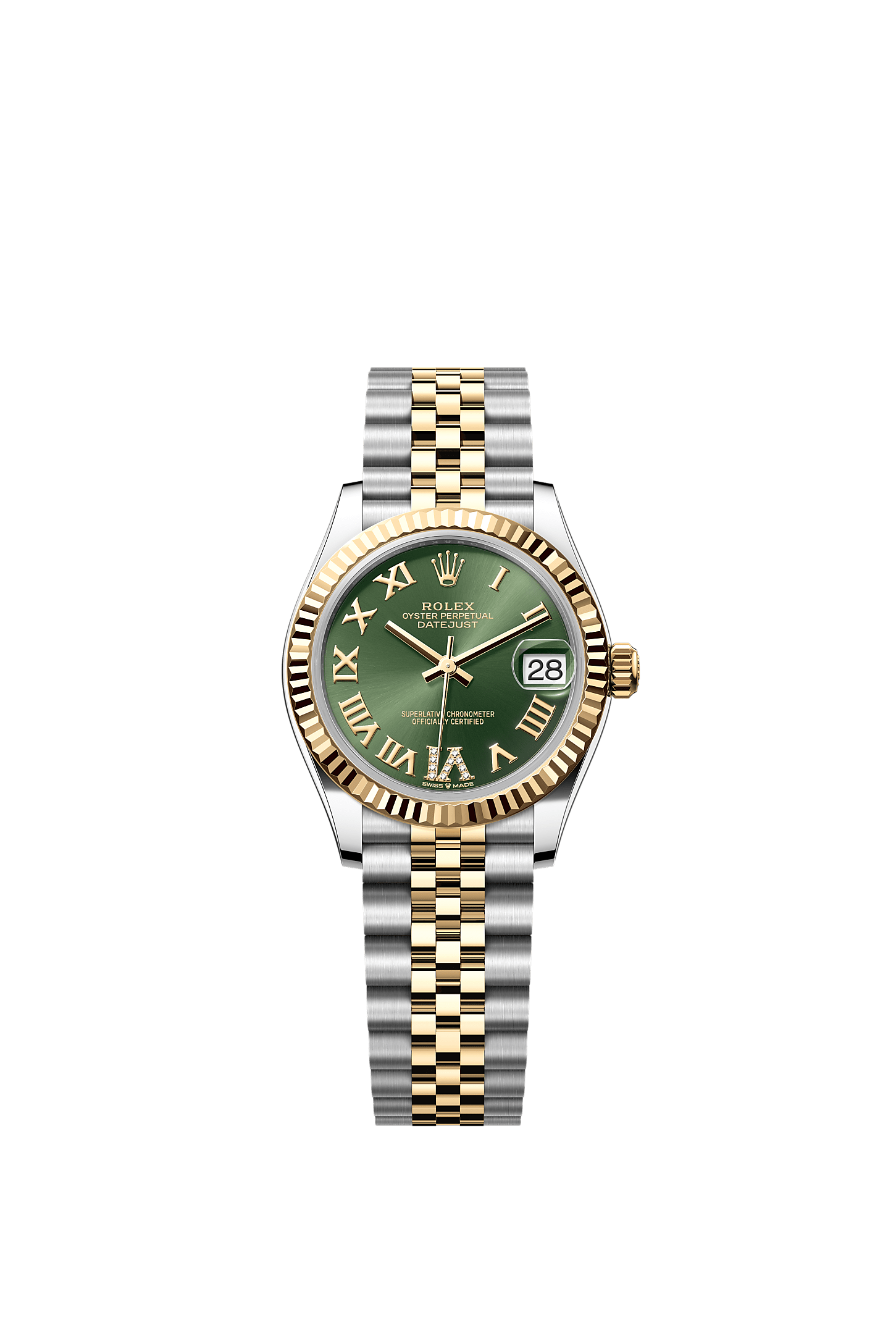 Datejust 31, Oyster, 31 mm, acier Oystersteel et or jaune, Cadran : Vert olive, serti de diamants, Rolex