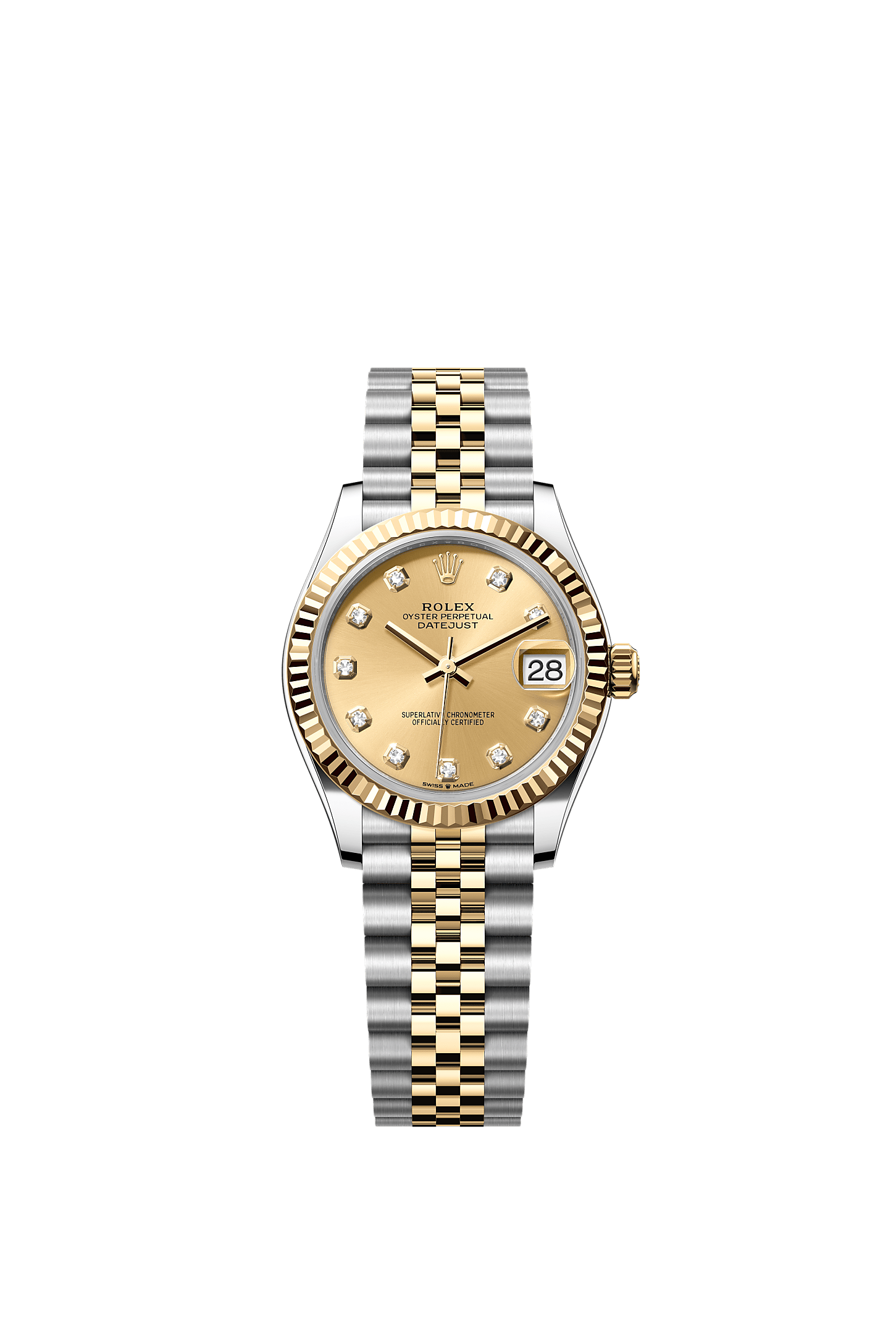 Datejust 31, Oyster, 31 mm, aço Oystersteel e ouro amarelo, Mostrador : Cor champagne cravejado de diamantes, Rolex