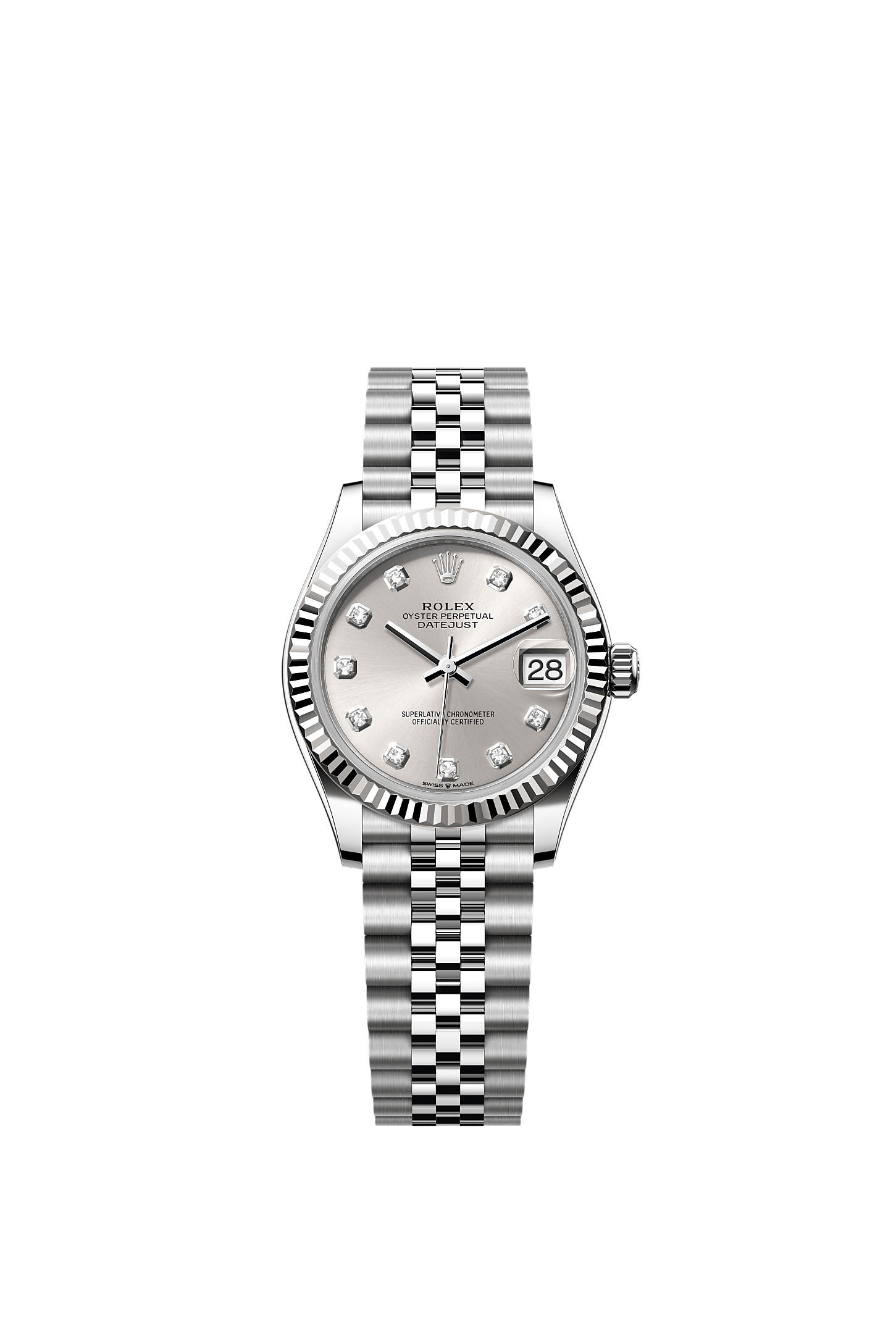 Datejust 31, Oyster, 31 mm, thép Oystersteel và vàng trắng, Mặt đồng hồ : màu bạc nạm kim cương, Rolex
