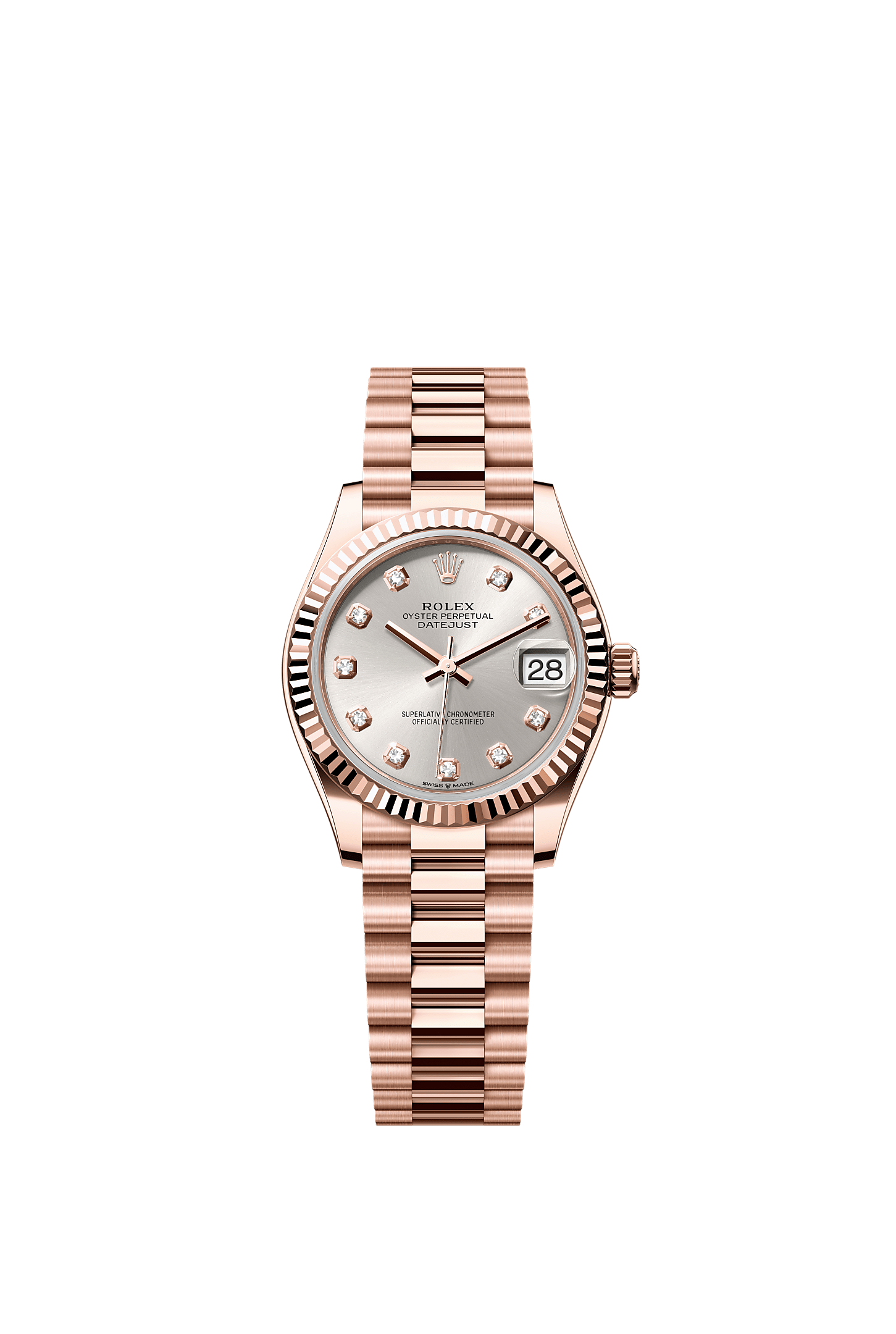 Datejust 31, Oyster, 31 mm, vàng Everose, Mặt đồng hồ : màu bạc nạm kim cương, Rolex