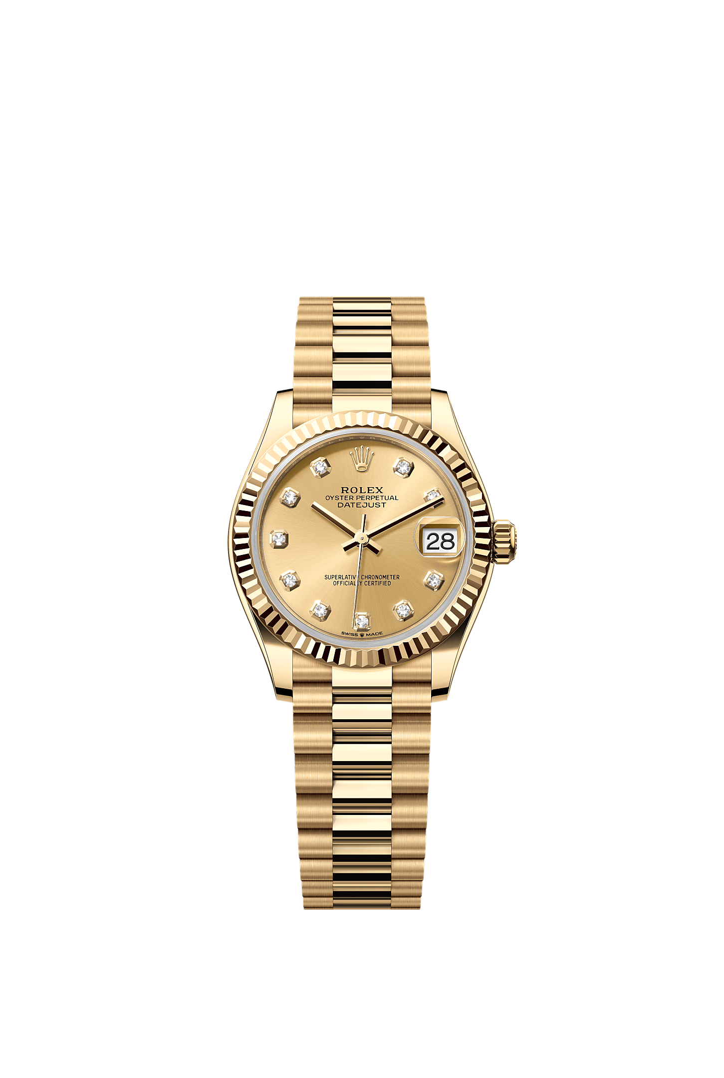 Datejust 31, Oyster, 31 mm, vàng kim, Mặt đồng hồ : Màu champagne nạm kim cương, Rolex