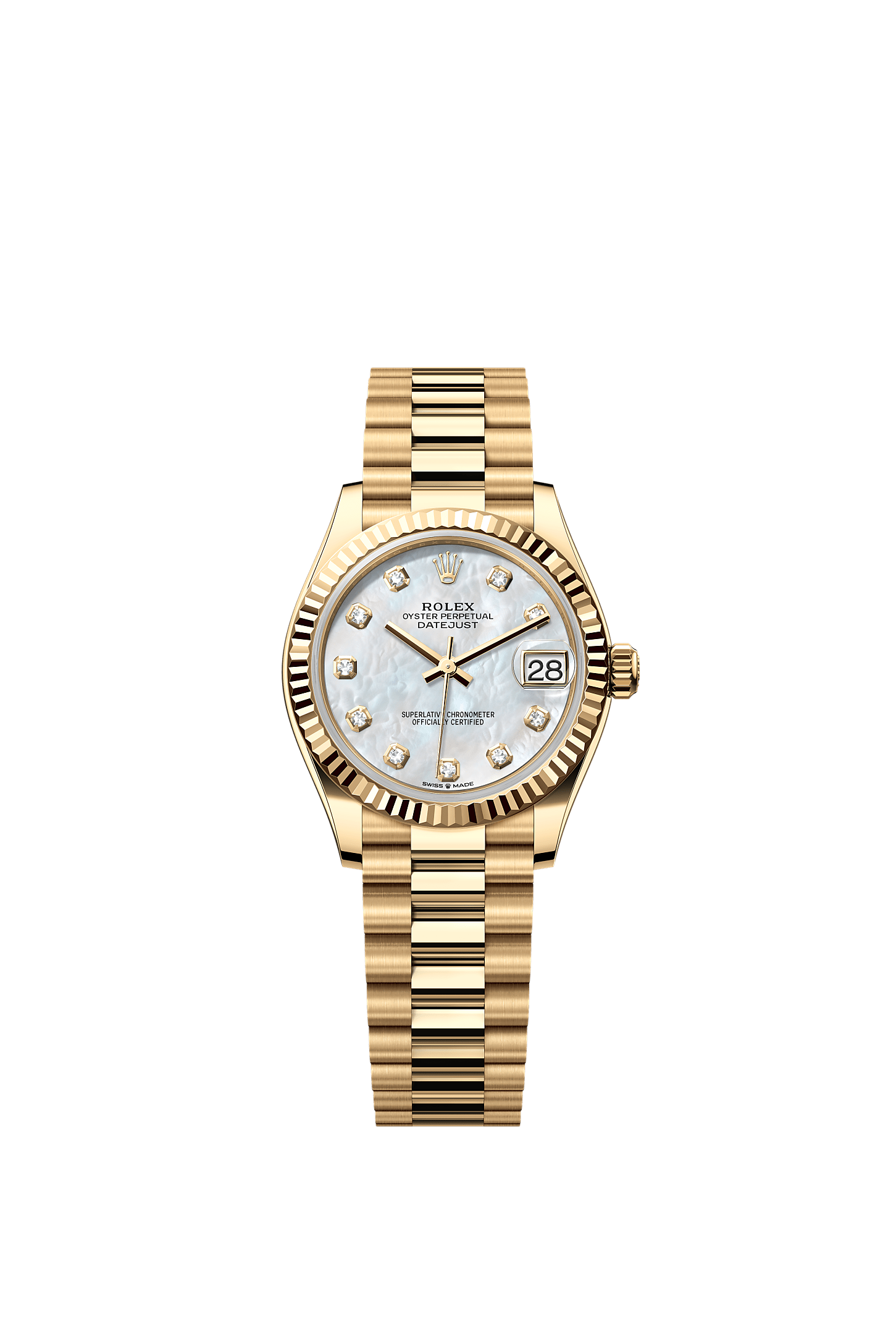 Datejust 31, Oyster, 31 mm, ouro amarelo, undefined : Madrepérola branca cravejado de diamantes, Rolex