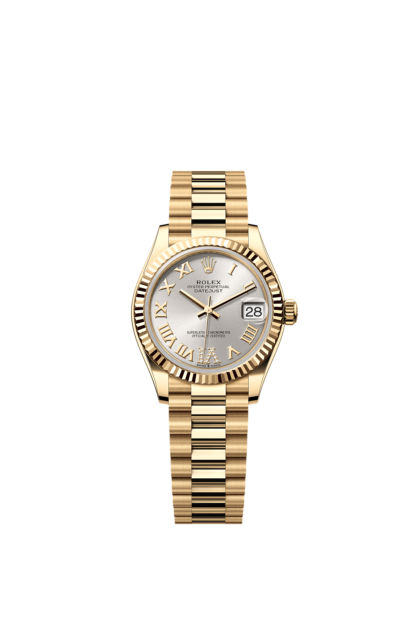 Datejust 31, Oyster, 31 мм, желтое золото, Циферблат : Серебристый, бриллианты, Rolex
