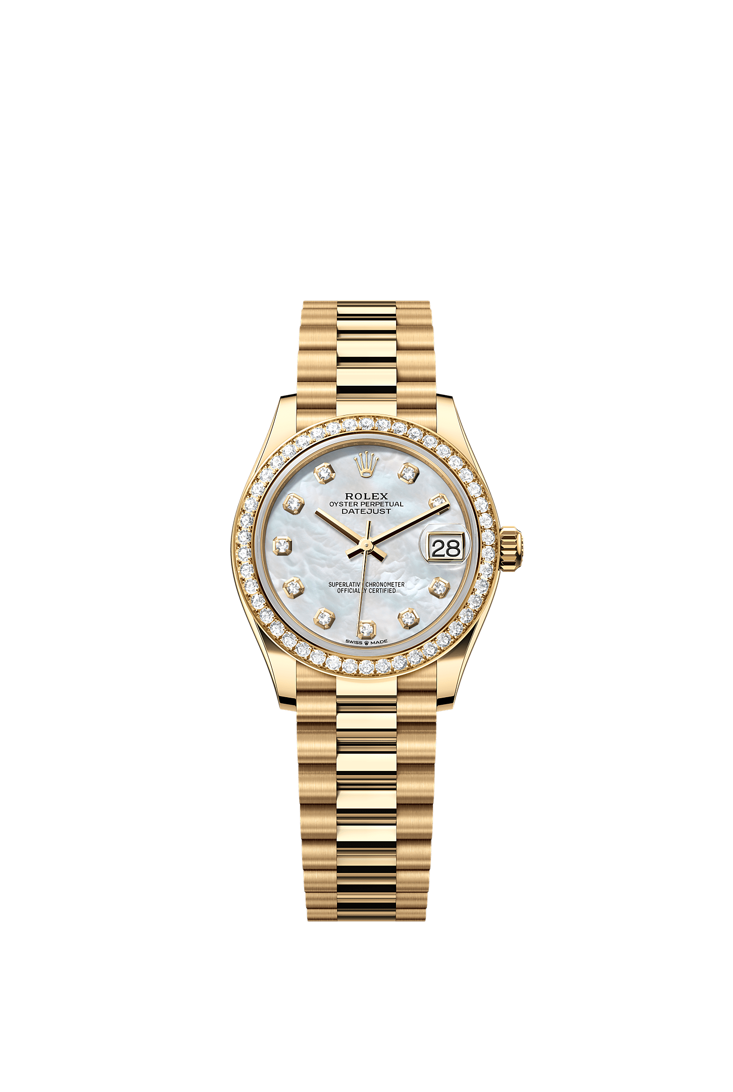 Datejust 31, Oyster, 31 mm, or jaune et diamants, Cadran : Nacre blanche, serti de diamants, Rolex