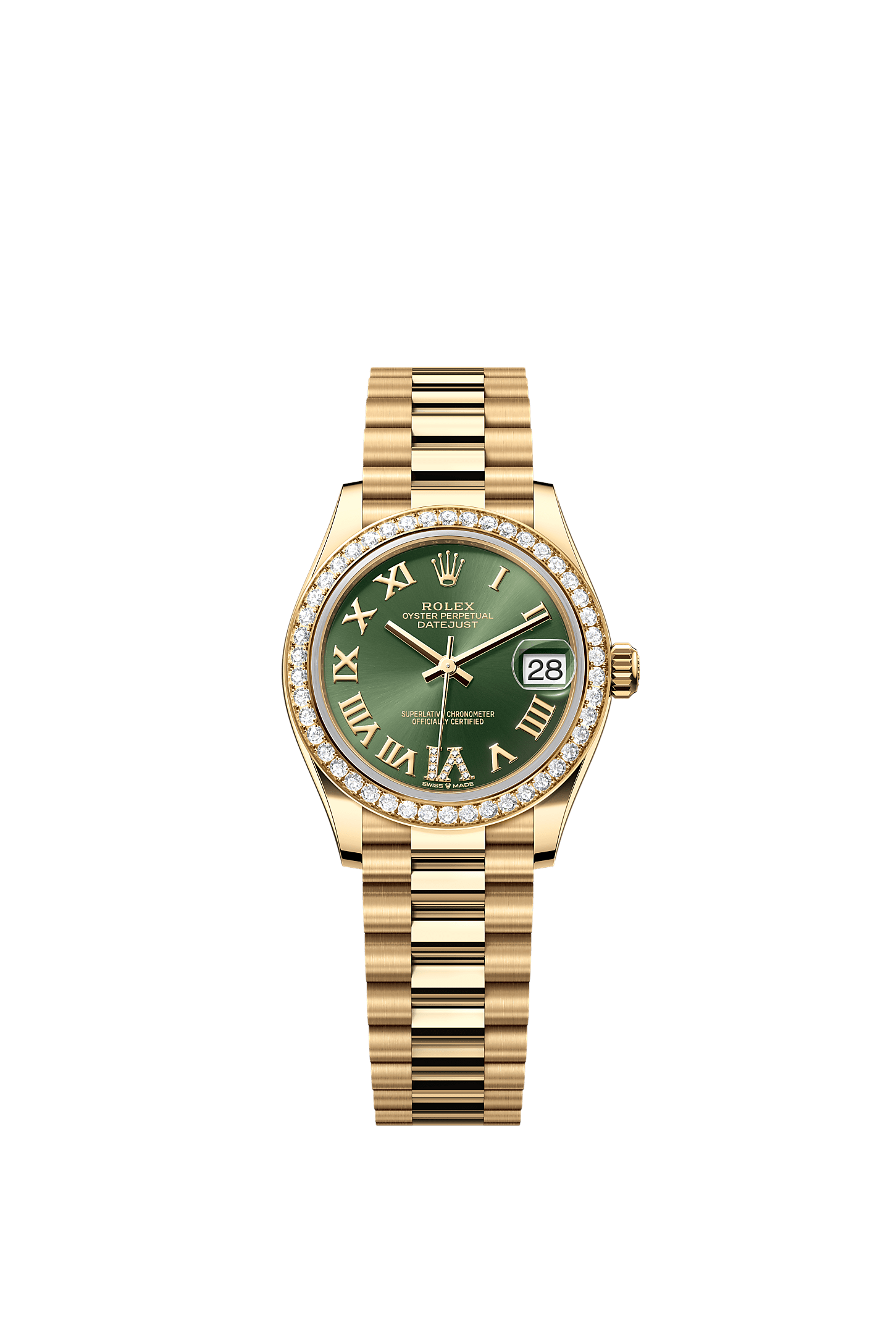 Datejust 31, Oyster, 31 mm, żółte złoto i brylanty, Tarcza : Kolor oliwkowej zieleni, wysadzana brylantami, Rolex