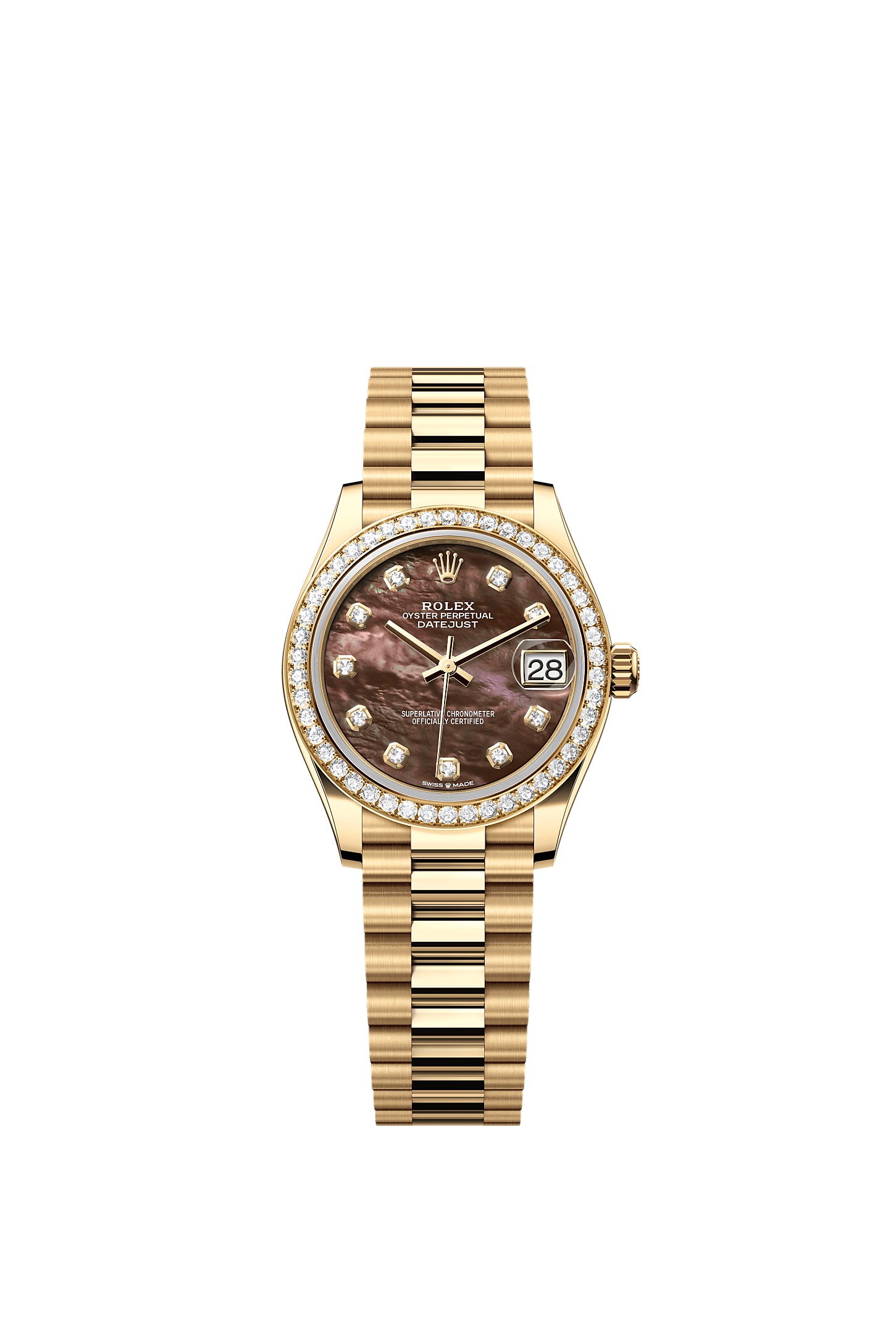 Datejust 31, Oyster, 31 mm, oro giallo e diamanti, Quadrante : In madreperla nera con diamanti, Rolex