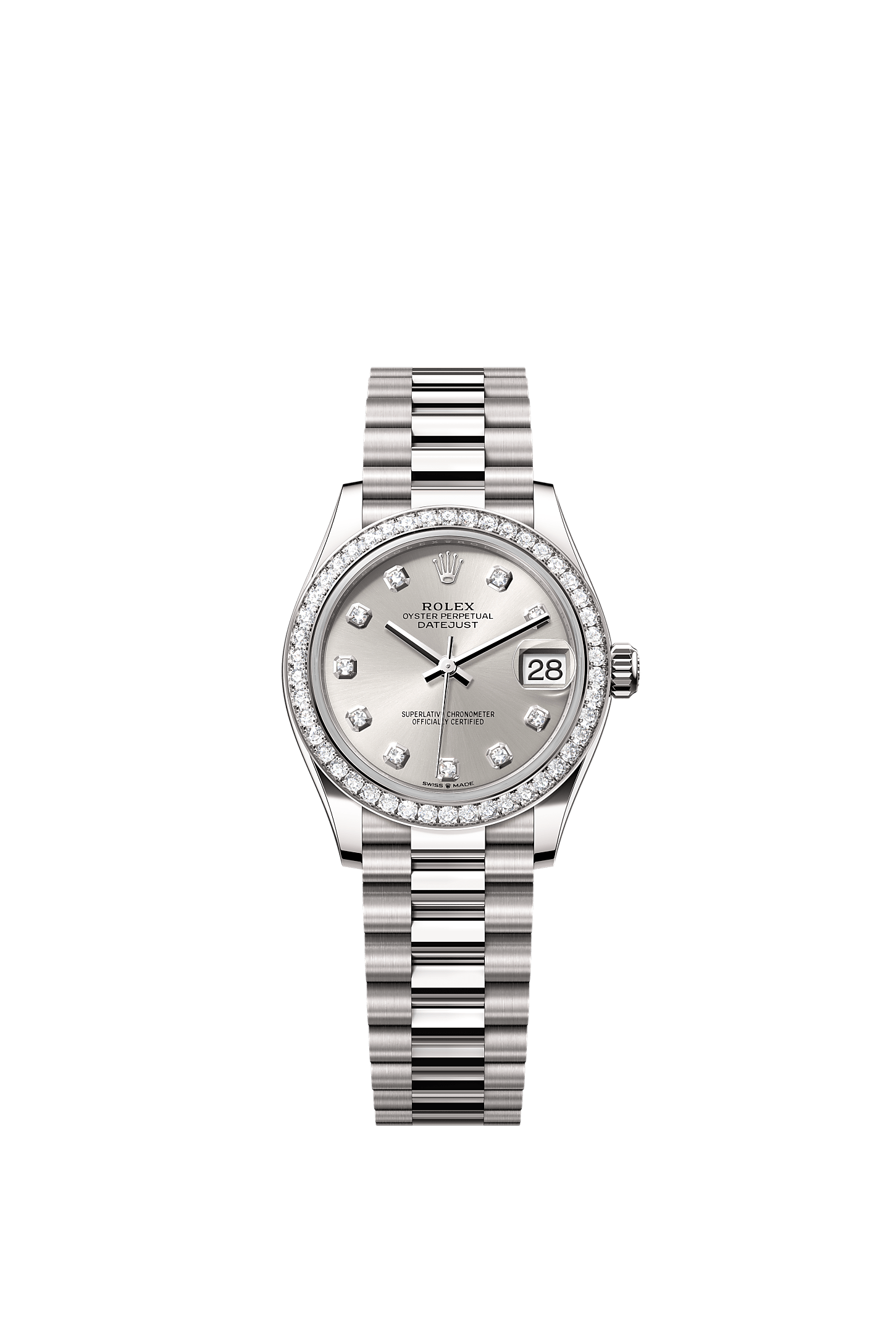 Datejust 31, Oyster, 31 mm, oro blanco y diamantes, Esfera : Plateada engastada de diamantes, Rolex