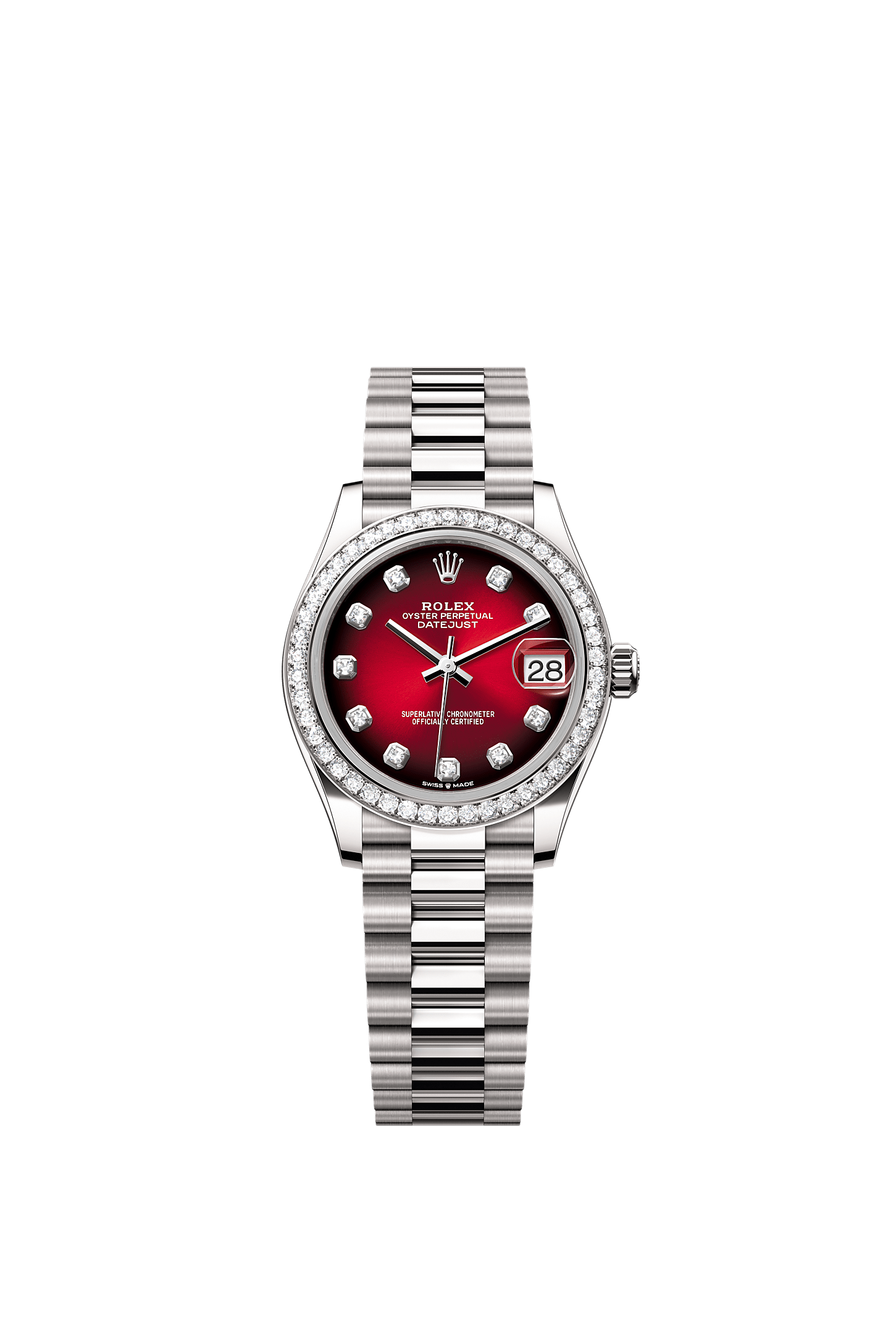 Datejust 31, Oyster, 31 mm, or gris et diamants, Cadran : Rouge ombré, serti de diamants, Rolex