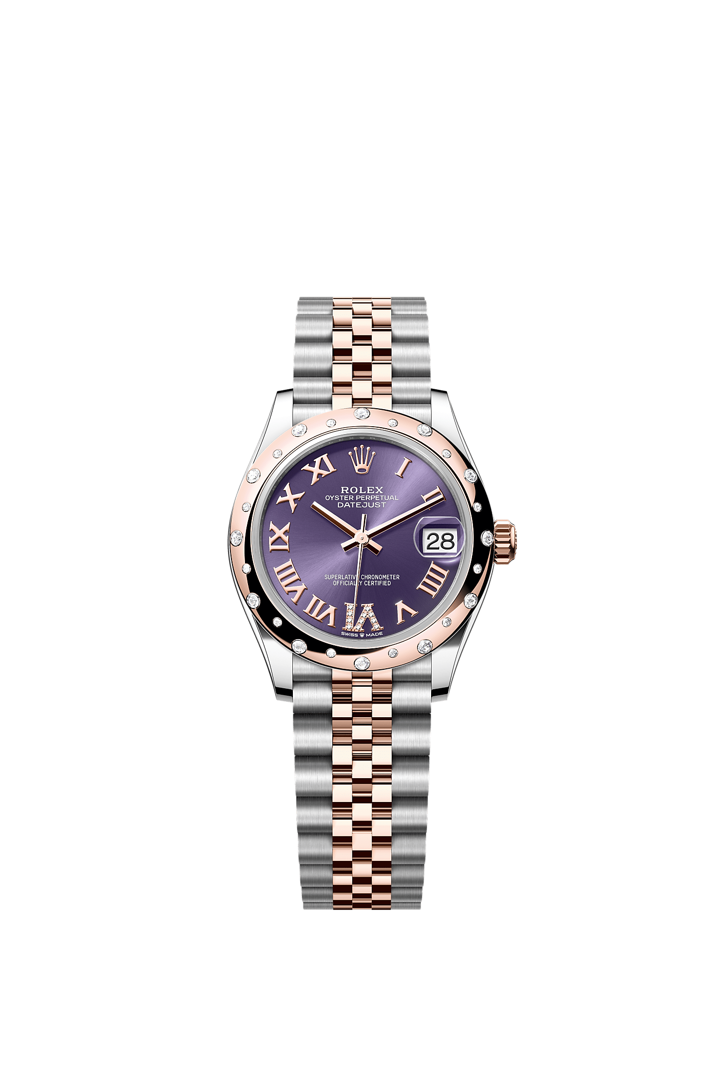Datejust 31, Oyster, 31 mm, aço Oystersteel, ouro Everose e diamantes, Dial : Aubergine cravejado de diamantes, Rolex