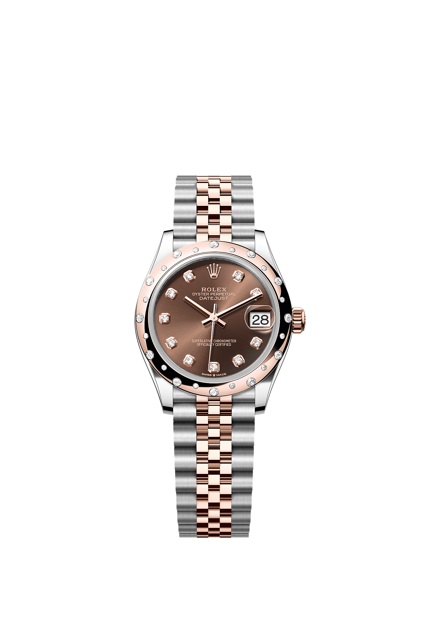 Datejust 31, Oyster, 31 mm, Oystersteel, Everose gold and diamonds, Dial : Chocolate set with diamonds, Rolex