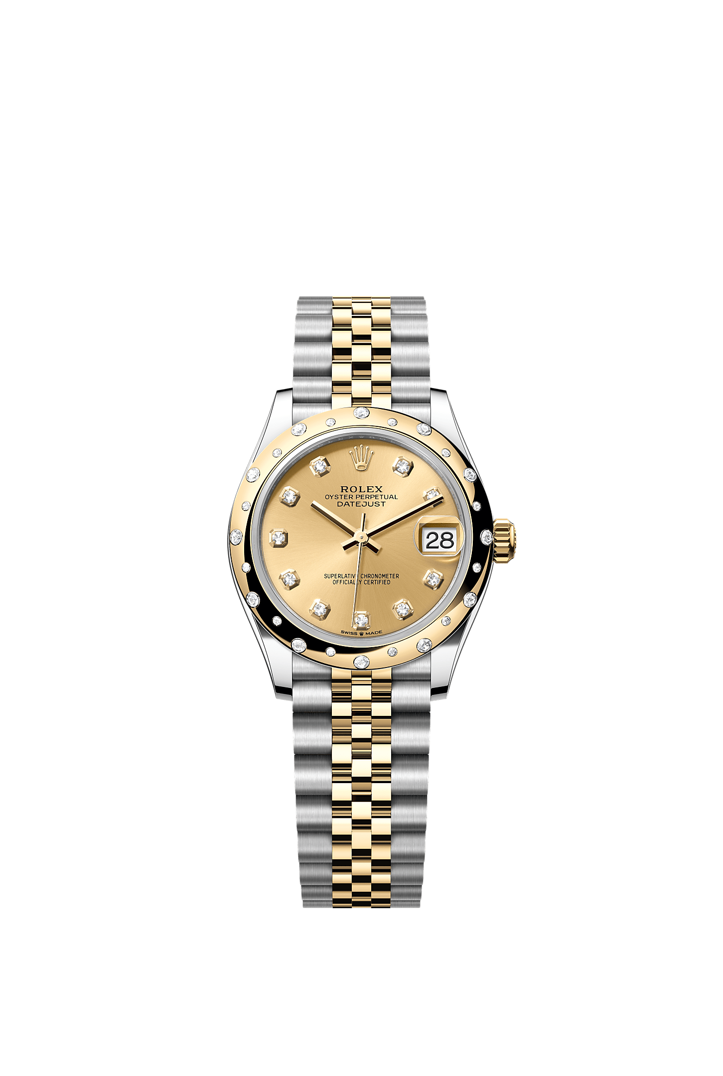 Datejust 31, 蠔式，31毫米，鑽石、黃金及蠔式鋼, 錶面 : 香檳色，鑲鑽石, Rolex