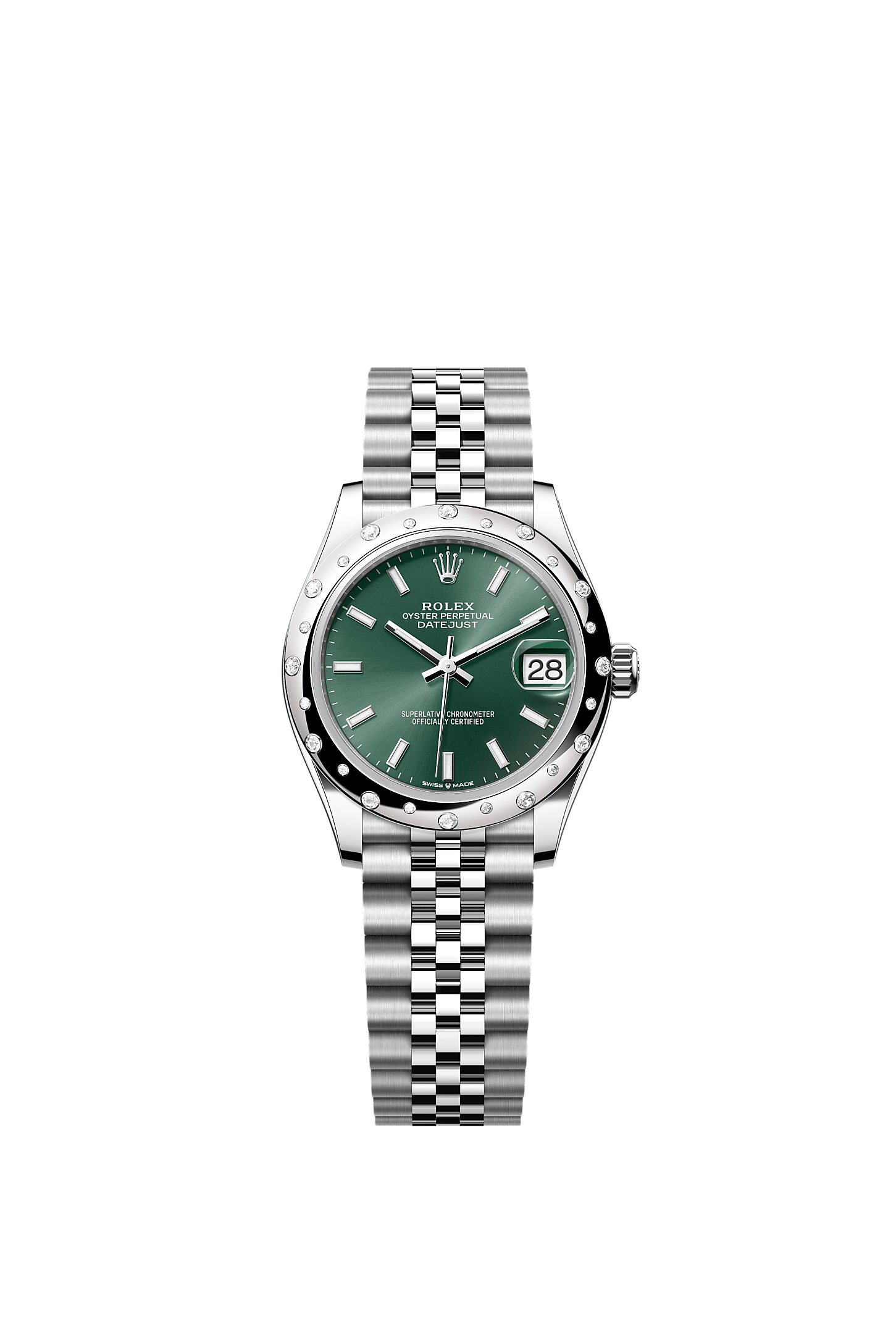Datejust 31, Oyster, 31 mm, acciaio Oystersteel, oro bianco e diamanti, Quadrante : Verde menta, Rolex