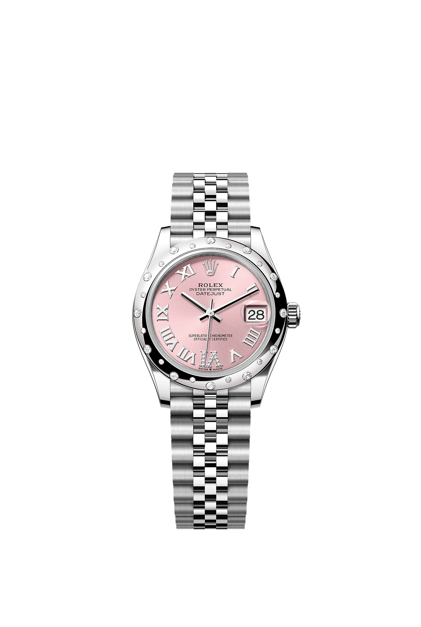 Datejust 31, Oyster, 31 mm, acier Oystersteel, or gris et diamants, Cadran : Rose, serti de diamants, Rolex