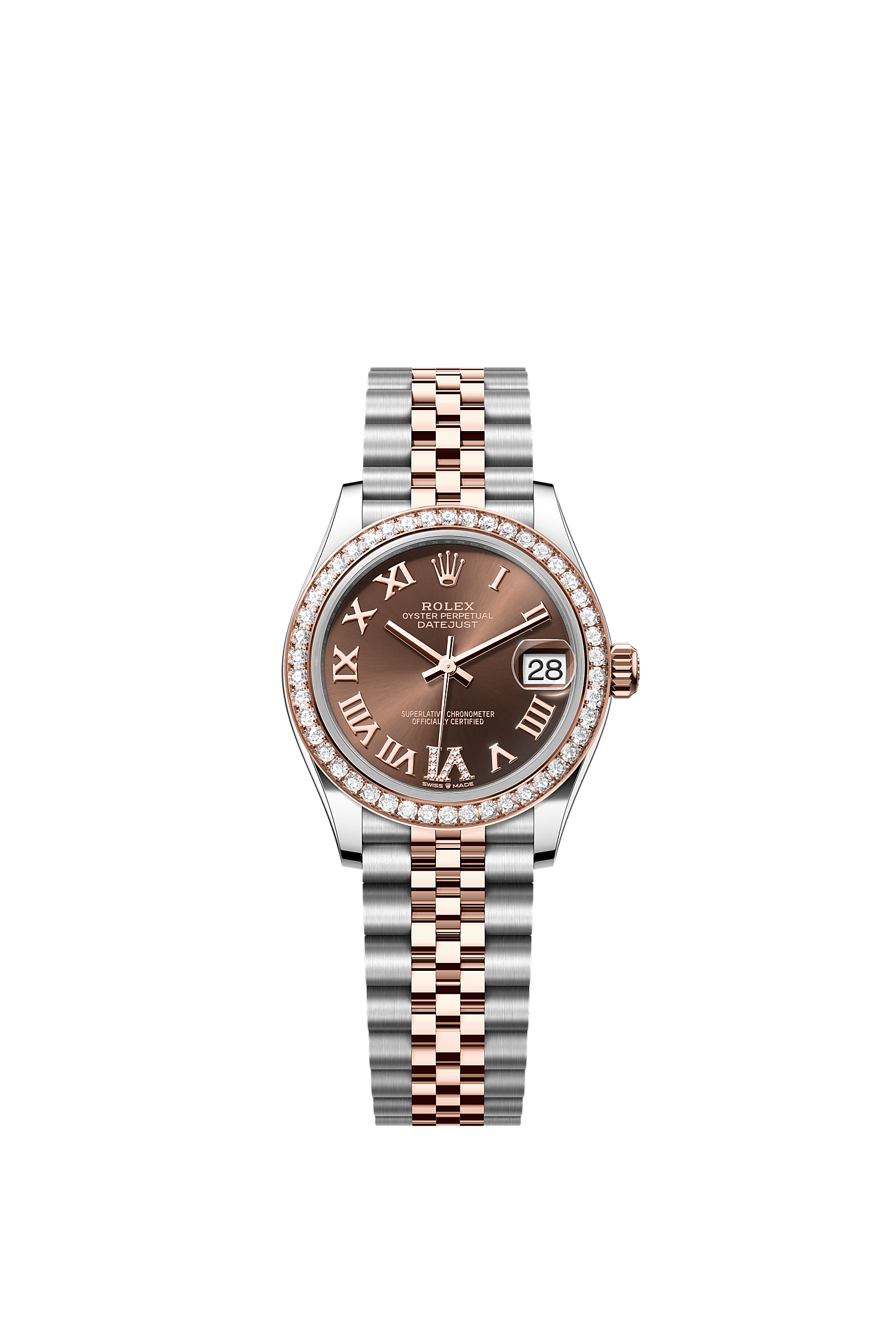 Datejust 31, Oyster, 31 มม., Oystersteel เอเวอร์โรสโกลด์และเพชร, หน้าปัด : สีช็อคโกแลตประดับด้วยเพชร, Rolex
