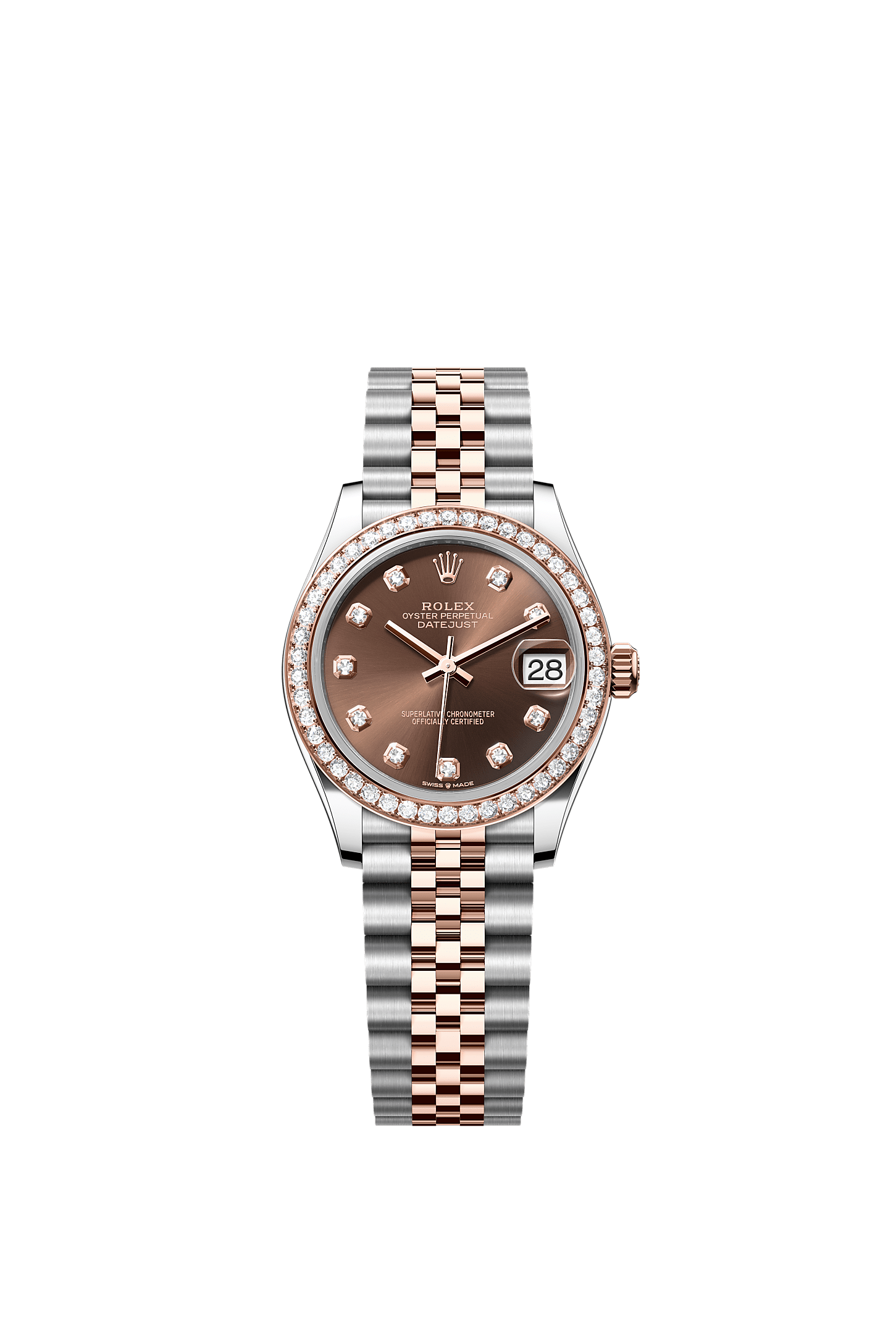Datejust 31, Oyster, 31 mm, acero Oystersteel, oro Everose y diamantes, Esfera : Chocolate engastada de diamantes, Rolex