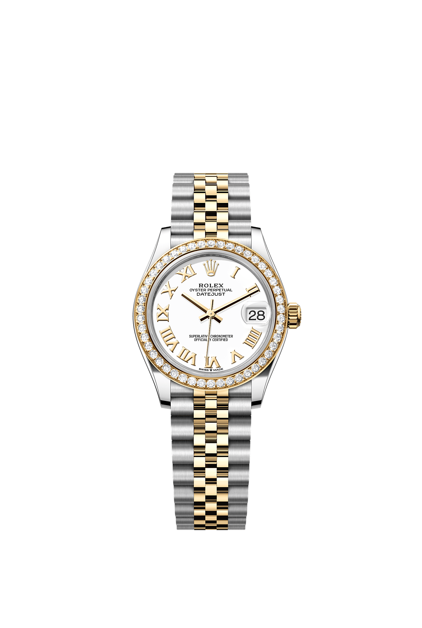 Datejust 31, Oyster, 31 mm, aço Oystersteel, ouro amarelo e diamantes, Mostrador : Branco, Rolex