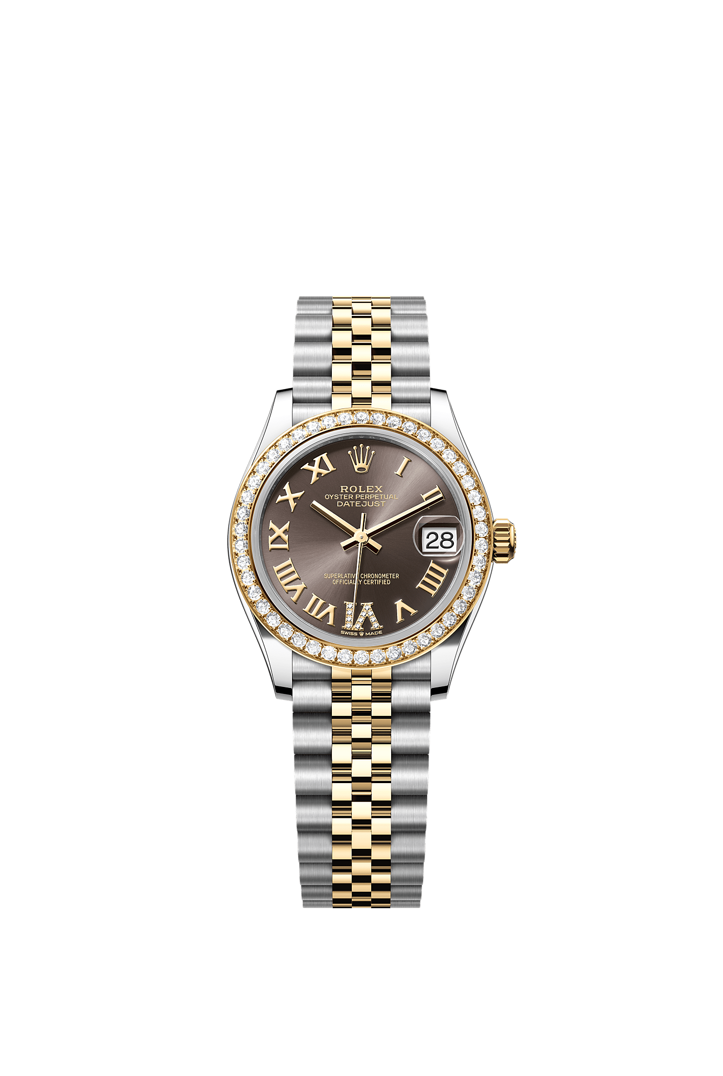 Datejust 31, Oyster, 31 mm, thép Oystersteel, vàng kim và kim cương, Mặt đồng hồ : Xám đen nạm kim cương, Rolex